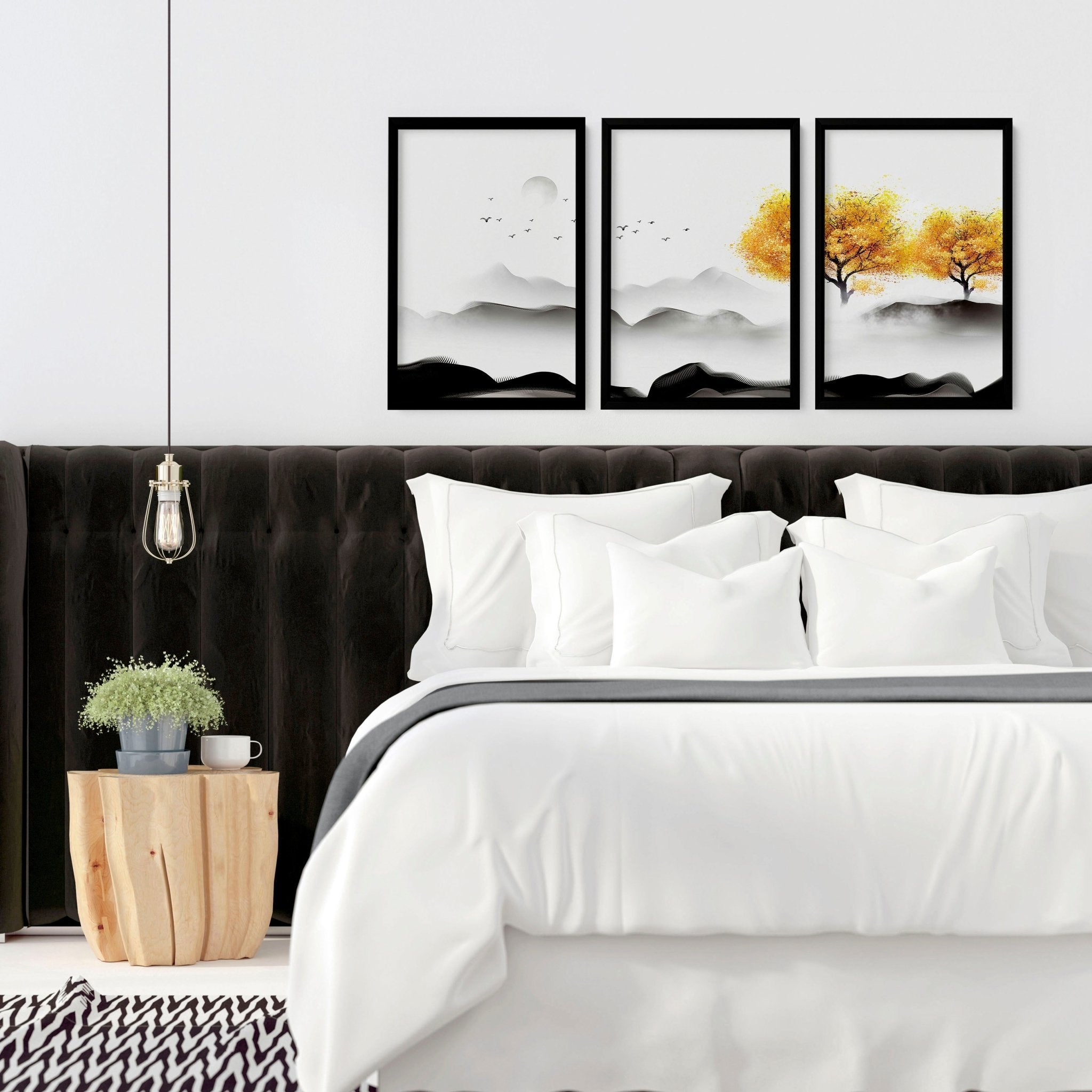 Set of 3 wall art prints featuring serene Japanese landscapes, perfect for bedroom decor.