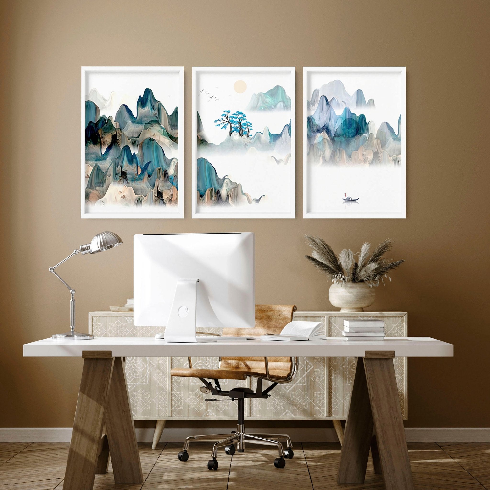 Set of 3 Japanese landscape wall art prints featuring a serene sunset in calming teal and beige tones, perfect for home office decor.