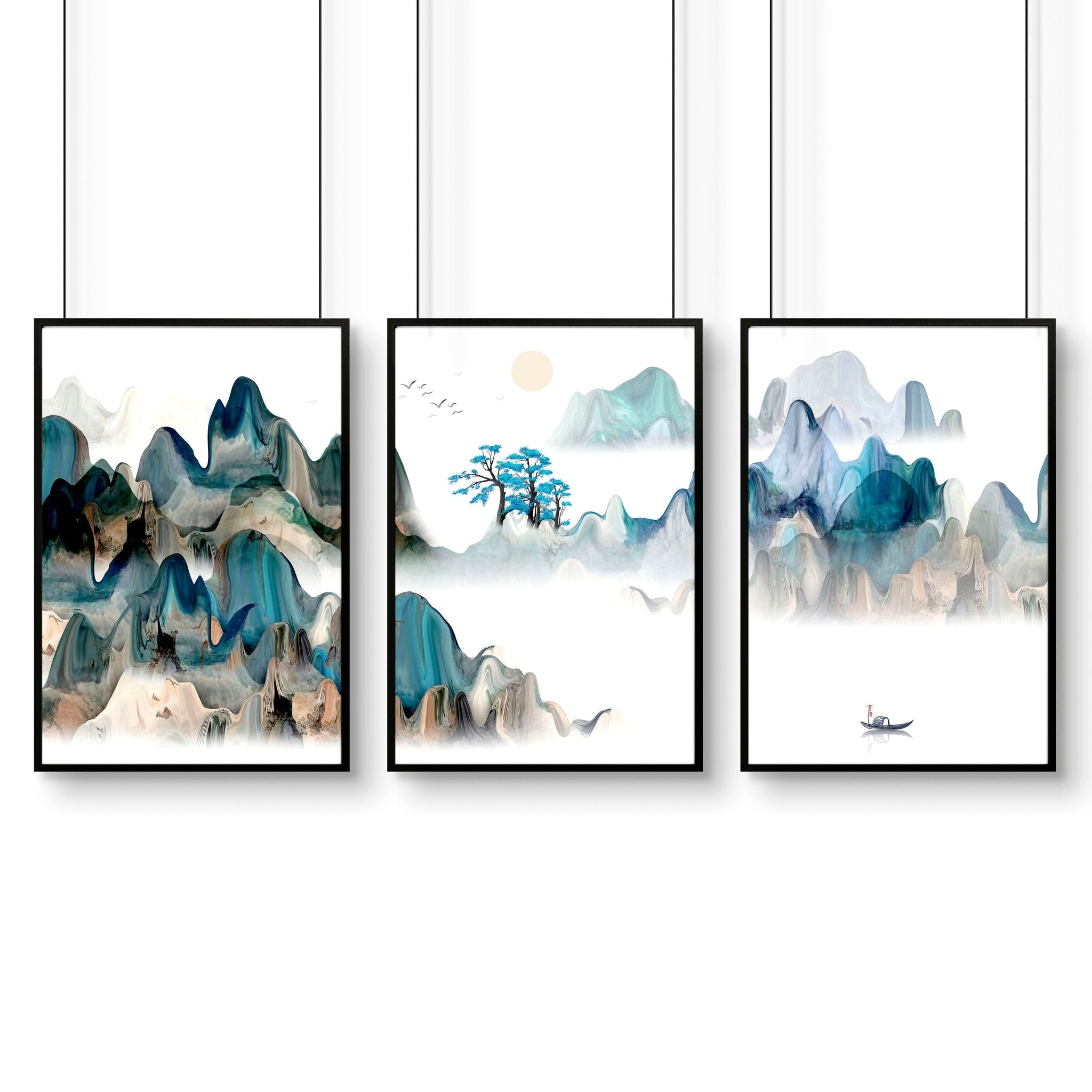 Set of 3 Japanese landscape wall art prints featuring a serene sunset in calming teal and beige tones, perfect for home office decor.