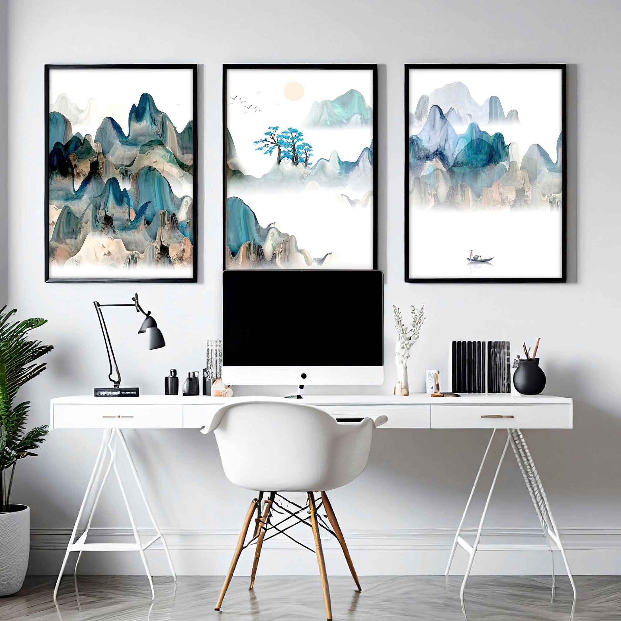 Set of 3 Japanese landscape wall art prints featuring a serene sunset in calming teal and beige tones, perfect for home office decor.