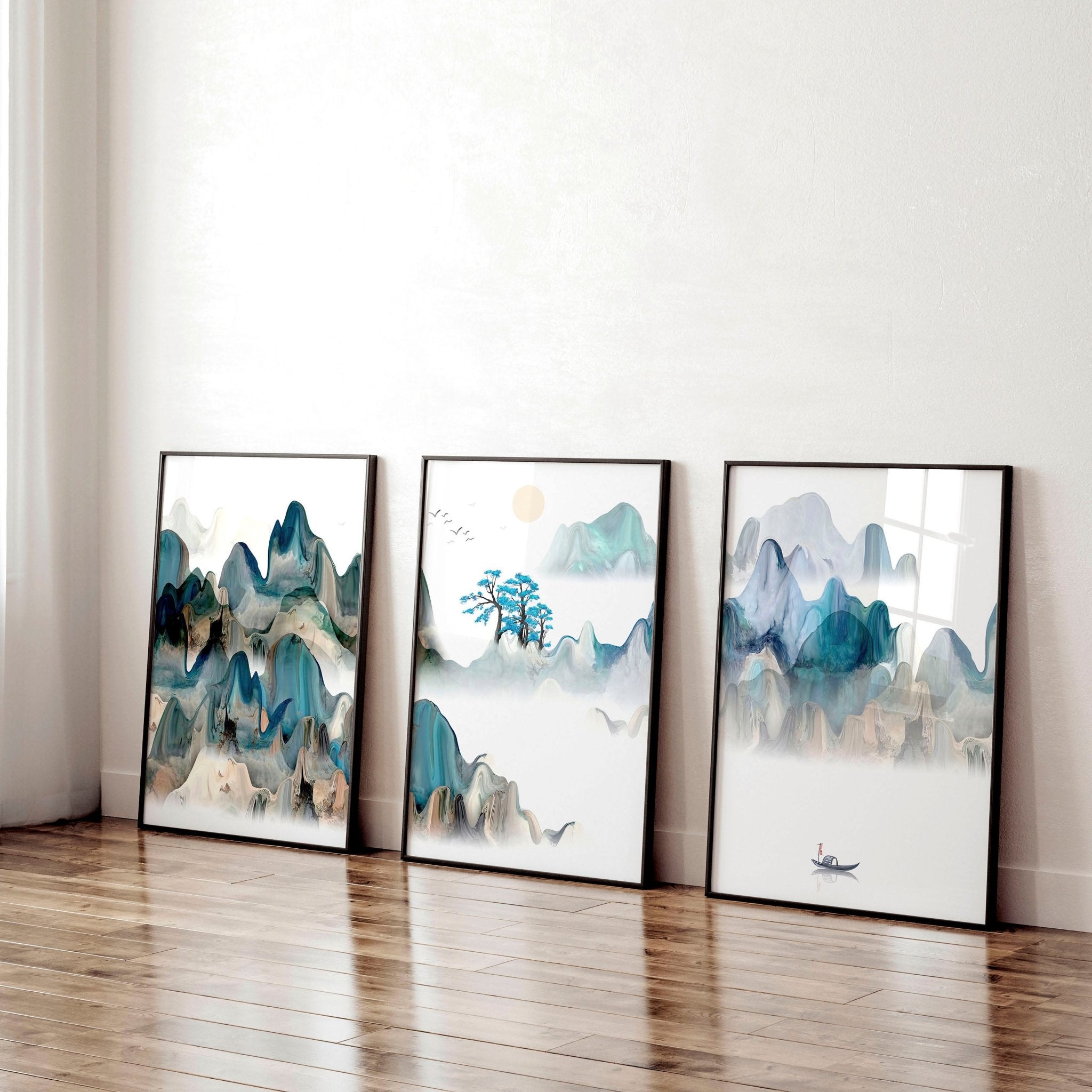 Set of 3 Japanese landscape wall art prints featuring a serene sunset in calming teal and beige tones, perfect for home office decor.