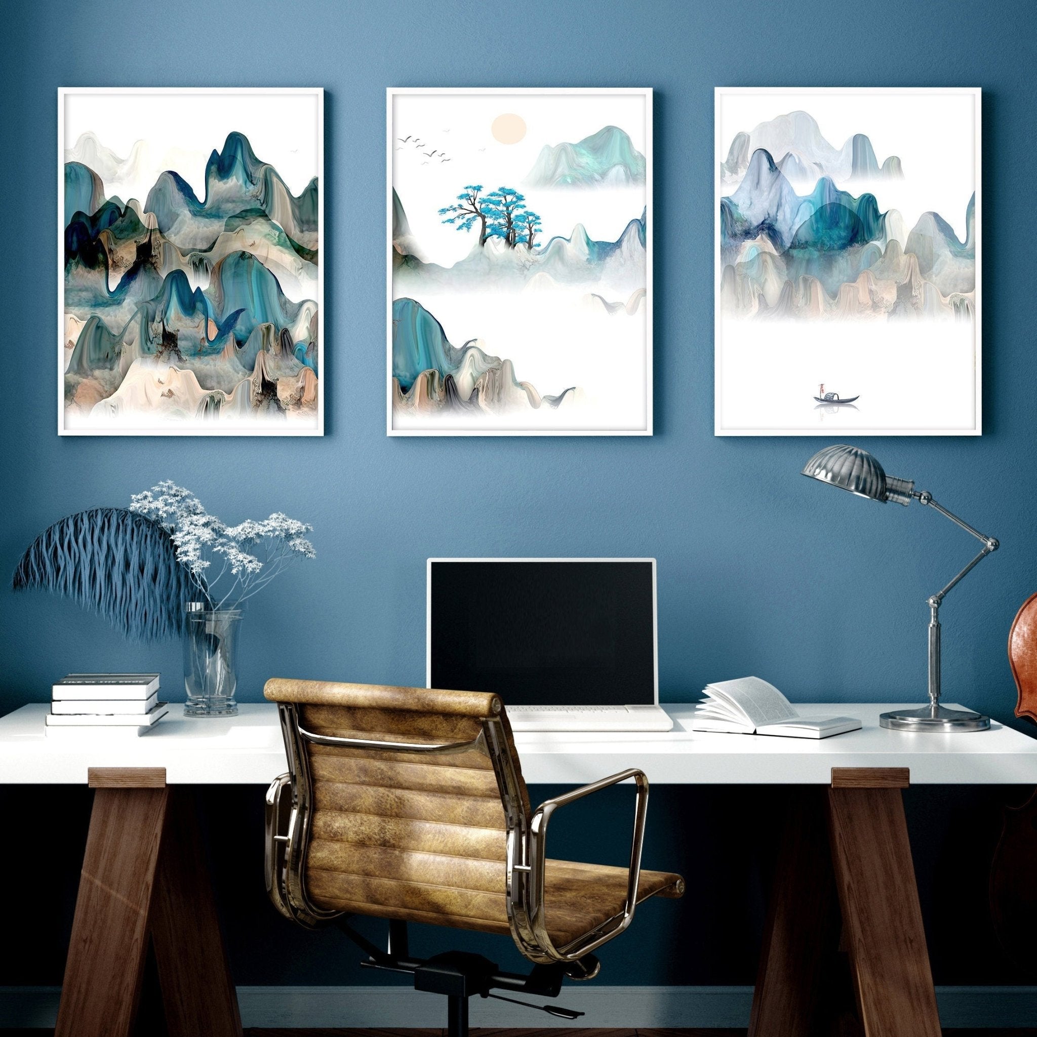 Set of 3 Japanese landscape wall art prints featuring a serene sunset in calming teal and beige tones, perfect for home office decor.