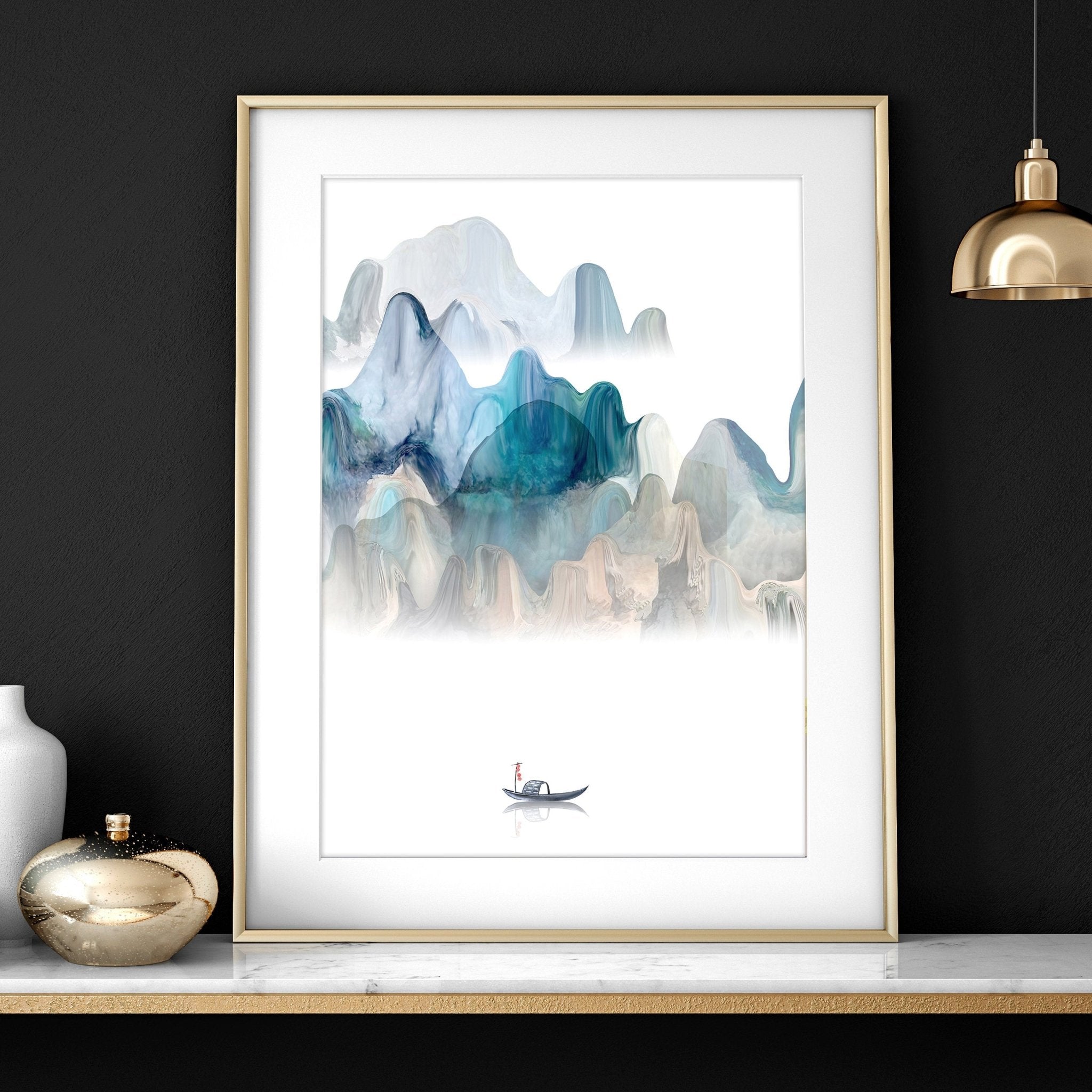 Set of 3 Japanese landscape wall art prints featuring a serene sunset in calming teal and beige tones, perfect for home office decor.