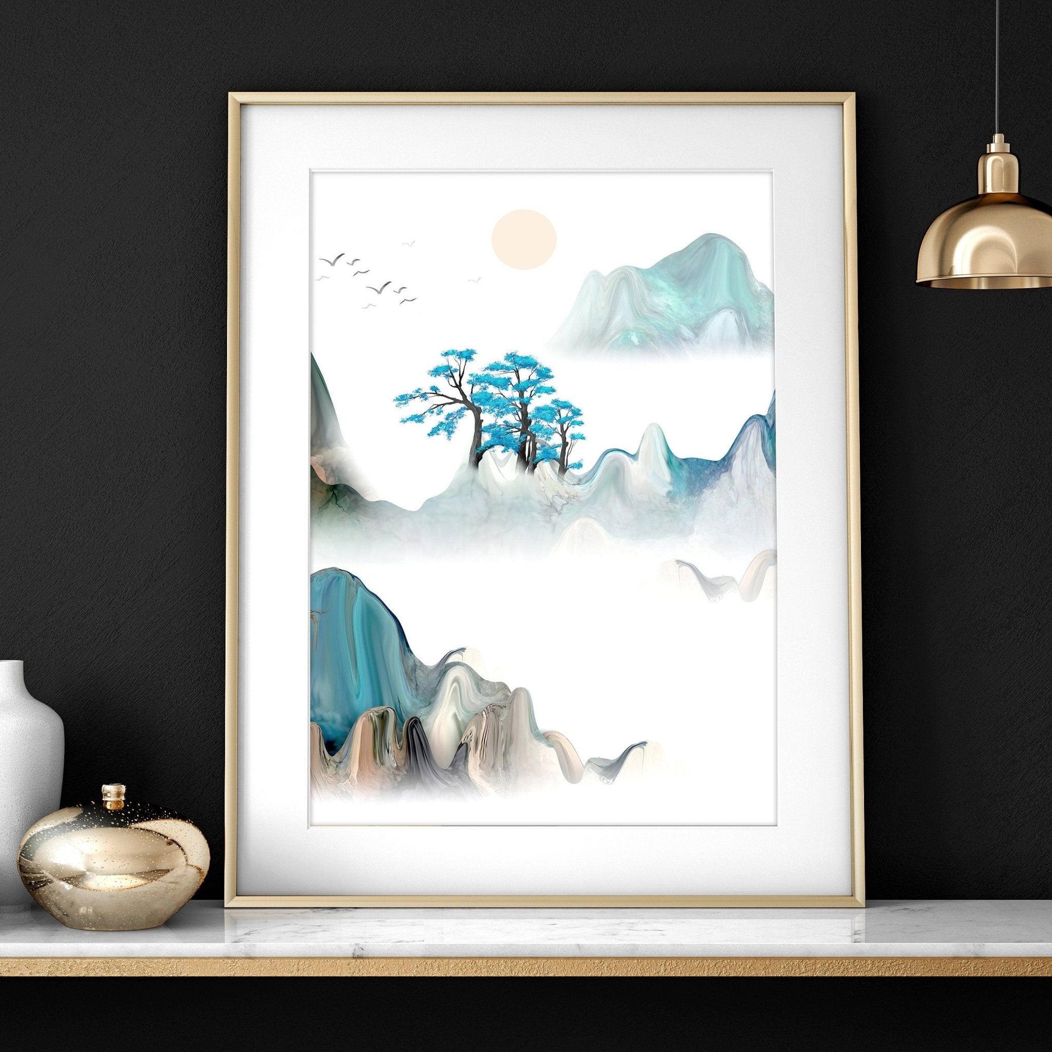 Set of 3 Japanese landscape wall art prints featuring a serene sunset in calming teal and beige tones, perfect for home office decor.