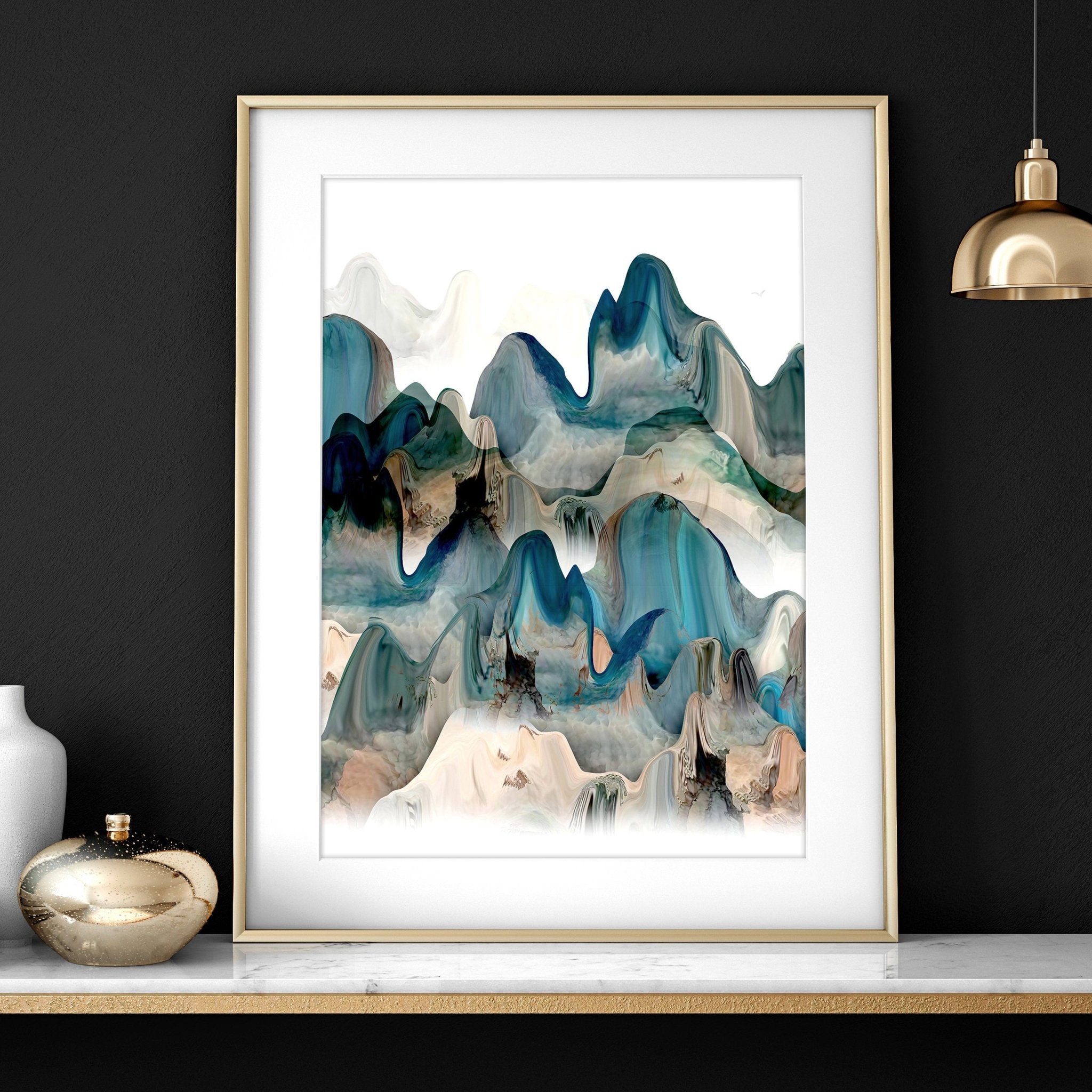 Set of 3 Japanese landscape wall art prints featuring a serene sunset in calming teal and beige tones, perfect for home office decor.