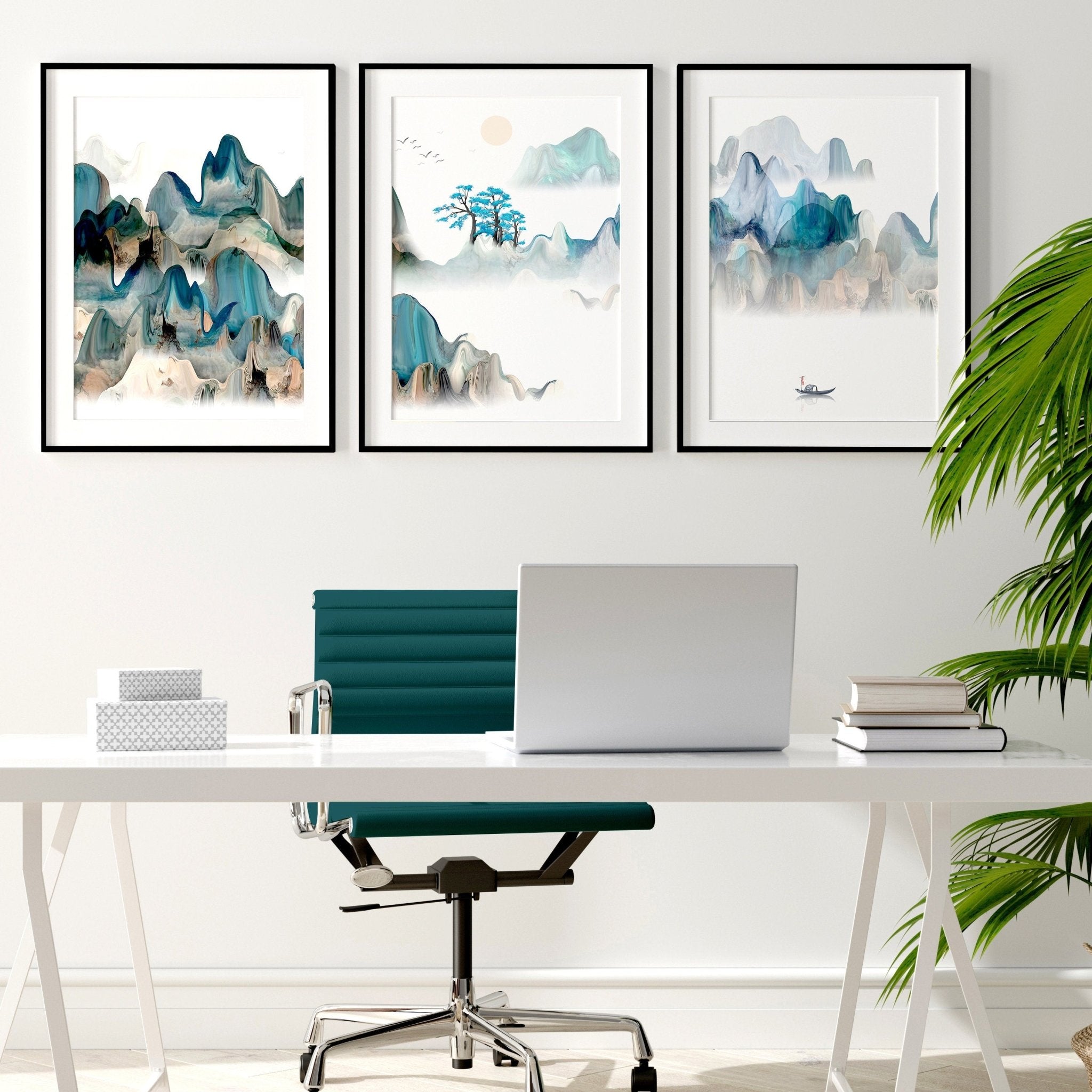 Set of 3 Japanese landscape wall art prints featuring a serene sunset in calming teal and beige tones, perfect for home office decor.