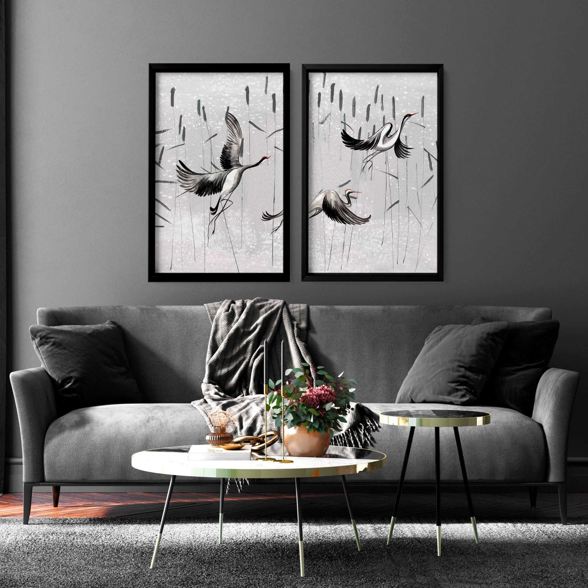 Set of 2 Japanese print art wall prints featuring elegant crane designs in neutral grey tones, perfect for home decor.