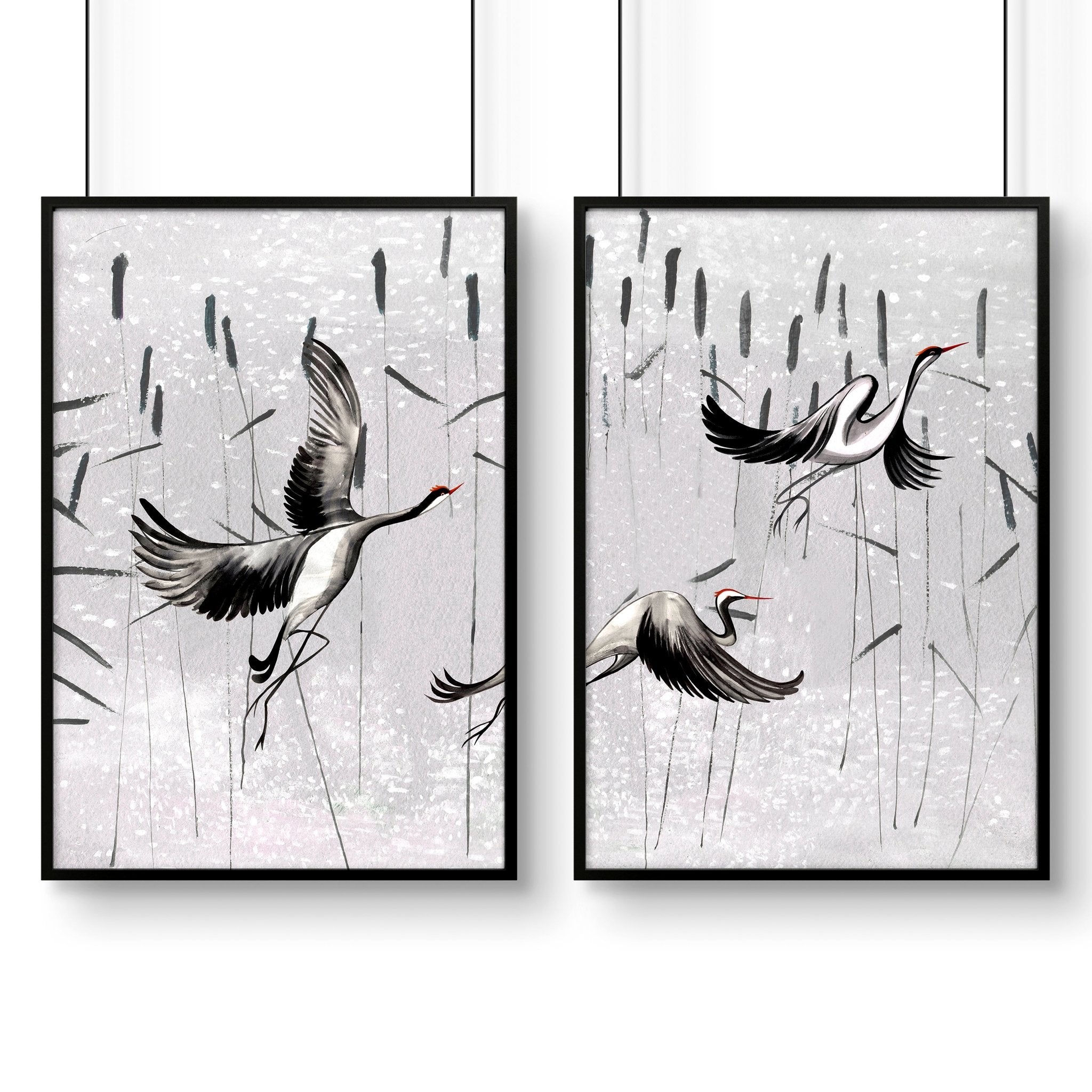 Set of 2 Japanese print art wall prints featuring elegant crane designs in neutral grey tones, perfect for home decor.