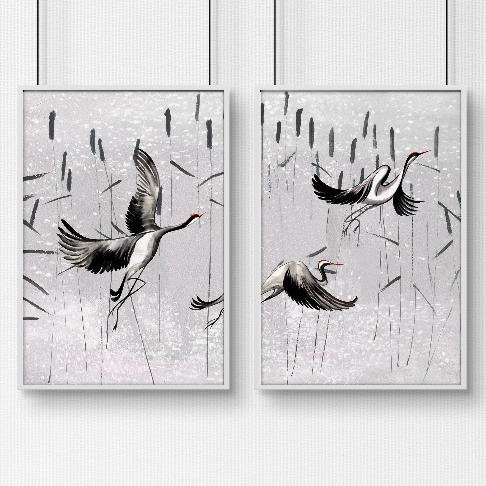 Set of 2 Japanese print art wall prints featuring elegant crane designs in neutral grey tones, perfect for home decor.