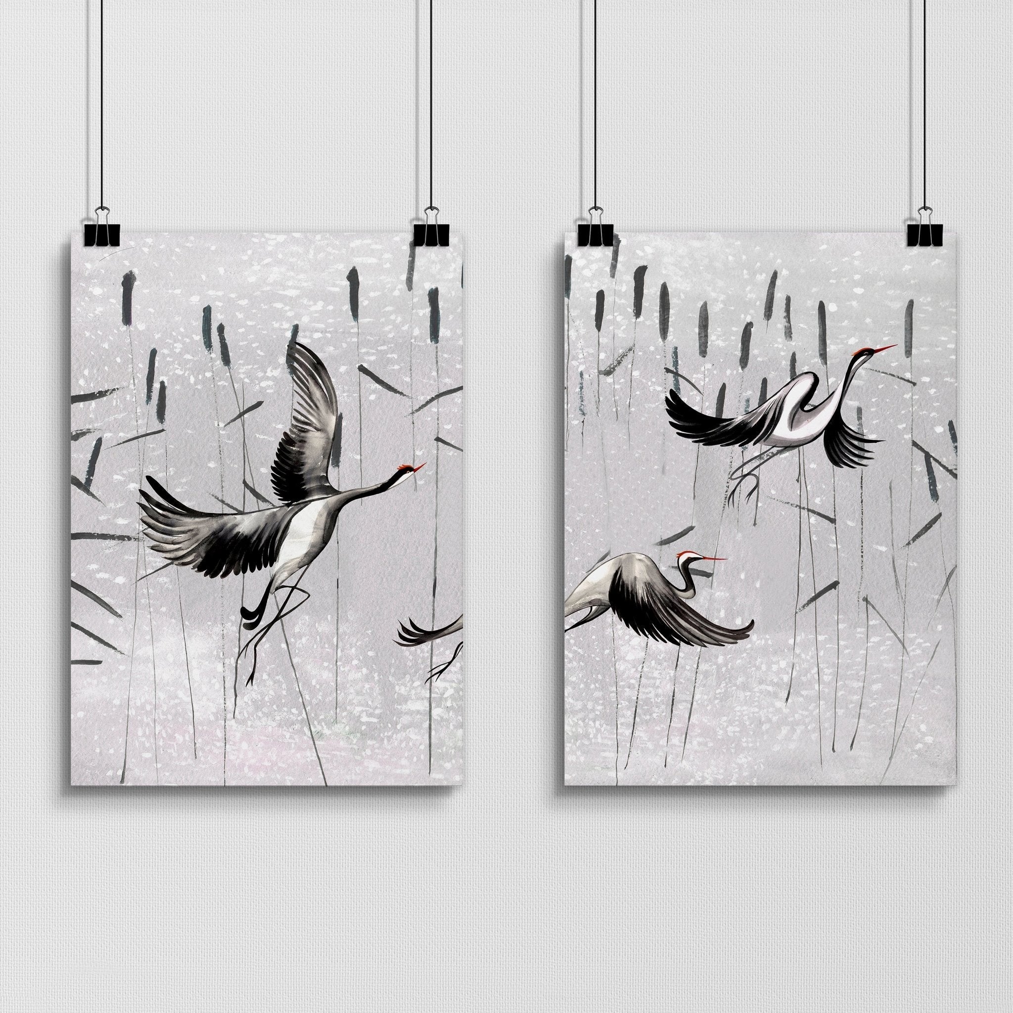 Set of 2 Japanese print art wall prints featuring elegant crane designs in neutral grey tones, perfect for home decor.