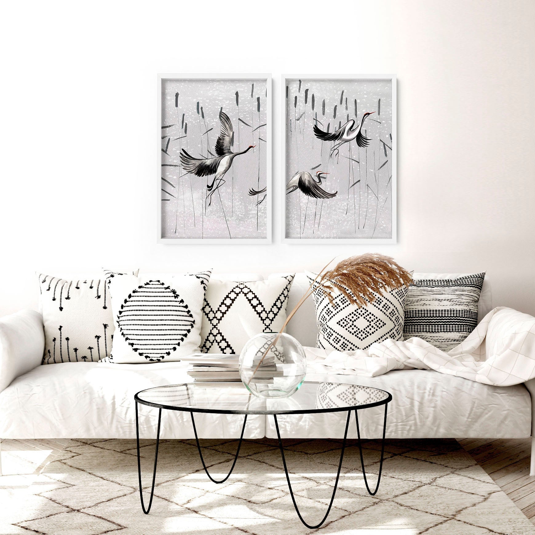 Set of 2 Japanese print art wall prints featuring elegant crane designs in neutral grey tones, perfect for home decor.