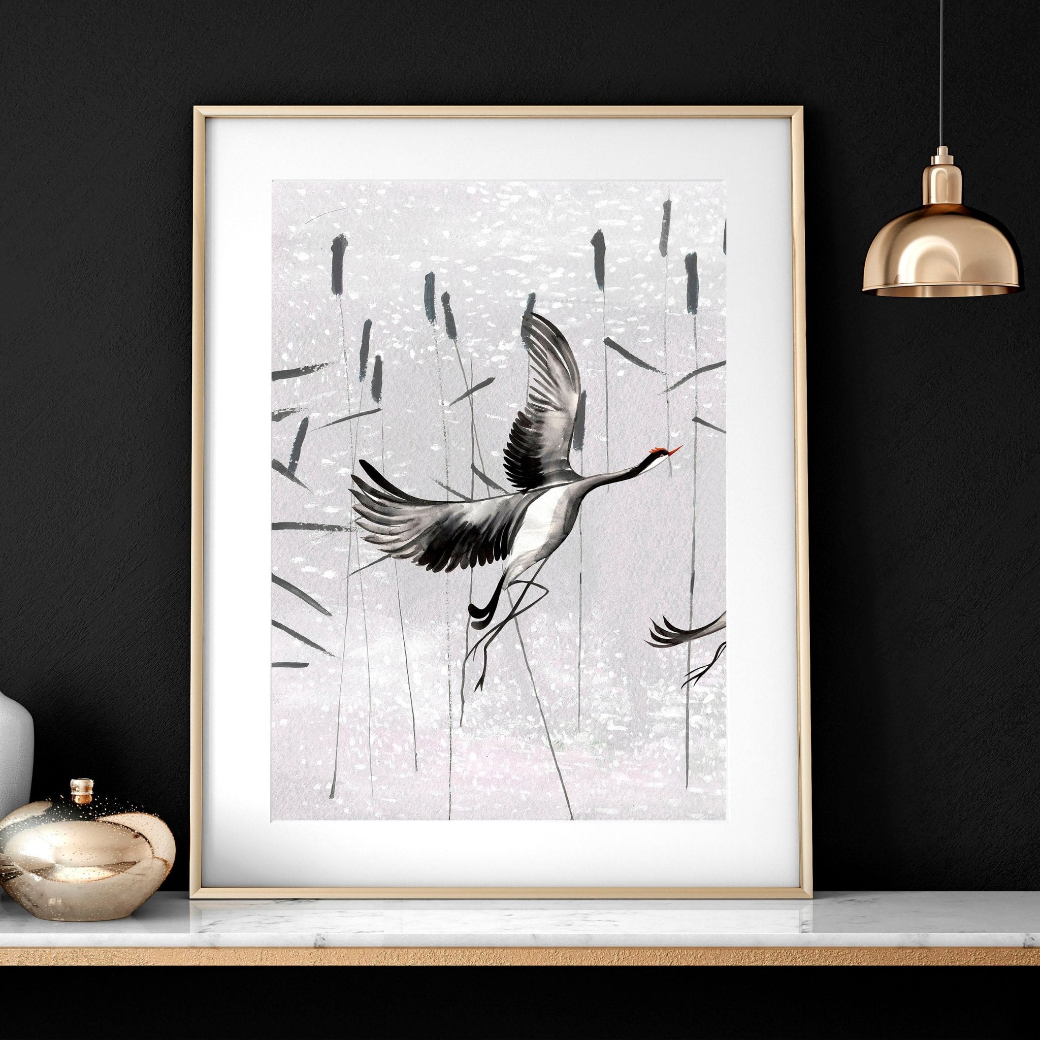 Set of 2 Japanese print art wall prints featuring elegant crane designs in neutral grey tones, perfect for home decor.