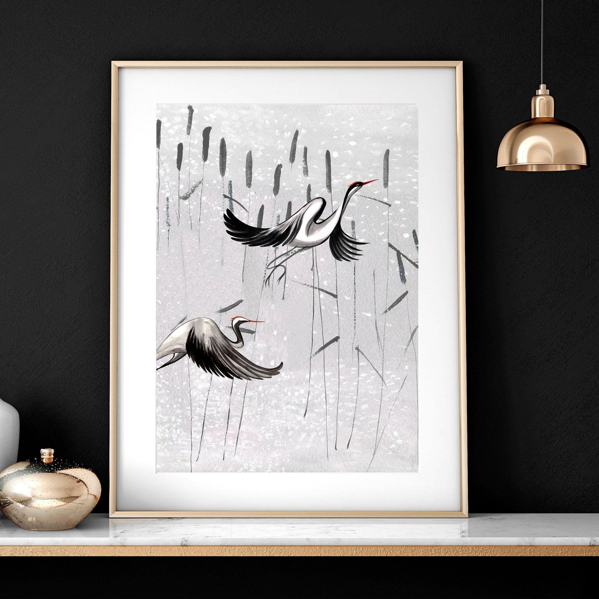 Set of 2 Japanese print art wall prints featuring elegant crane designs in neutral grey tones, perfect for home decor.