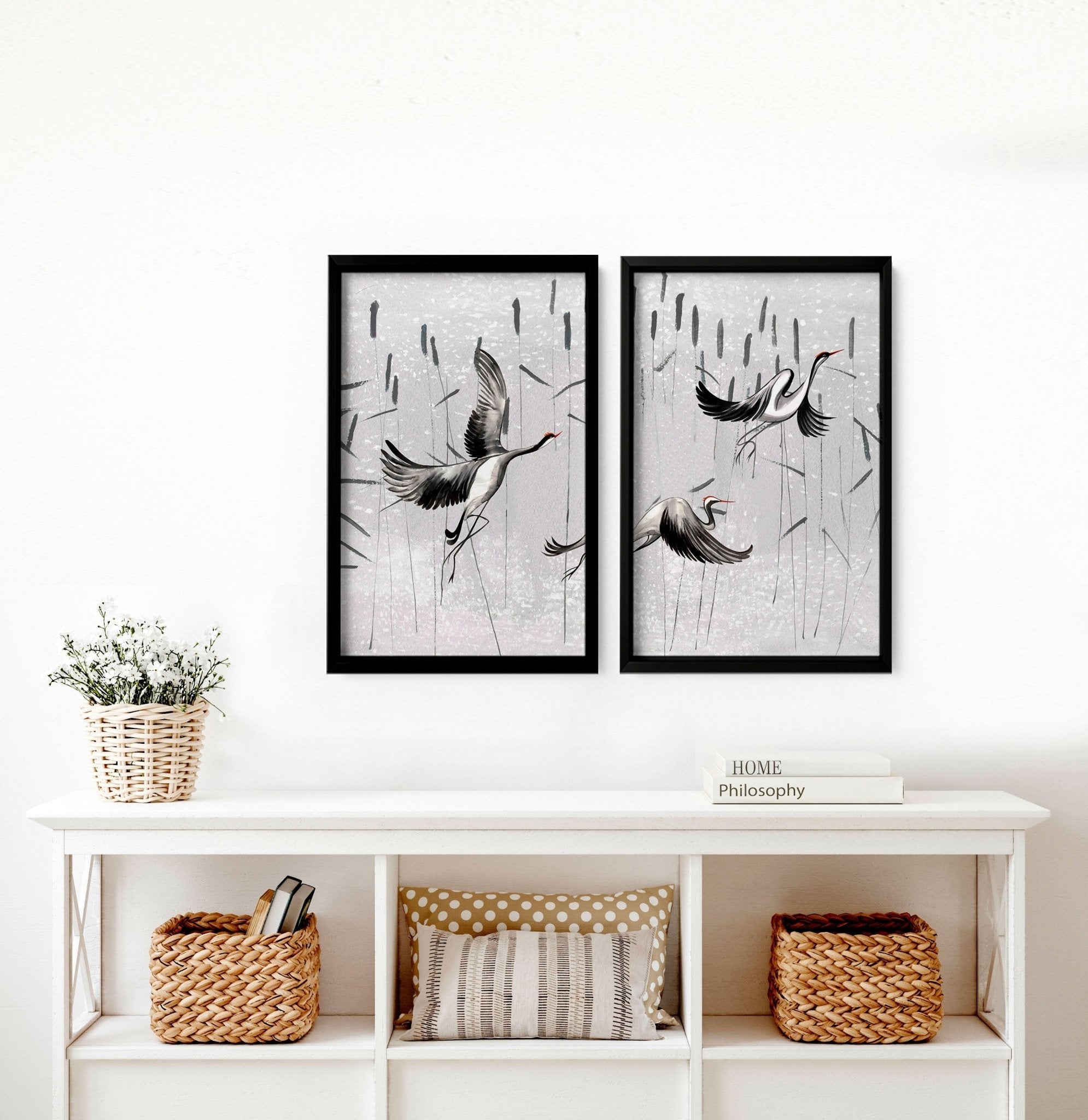 Set of 2 Japanese print art wall prints featuring elegant crane designs in neutral grey tones, perfect for home decor.