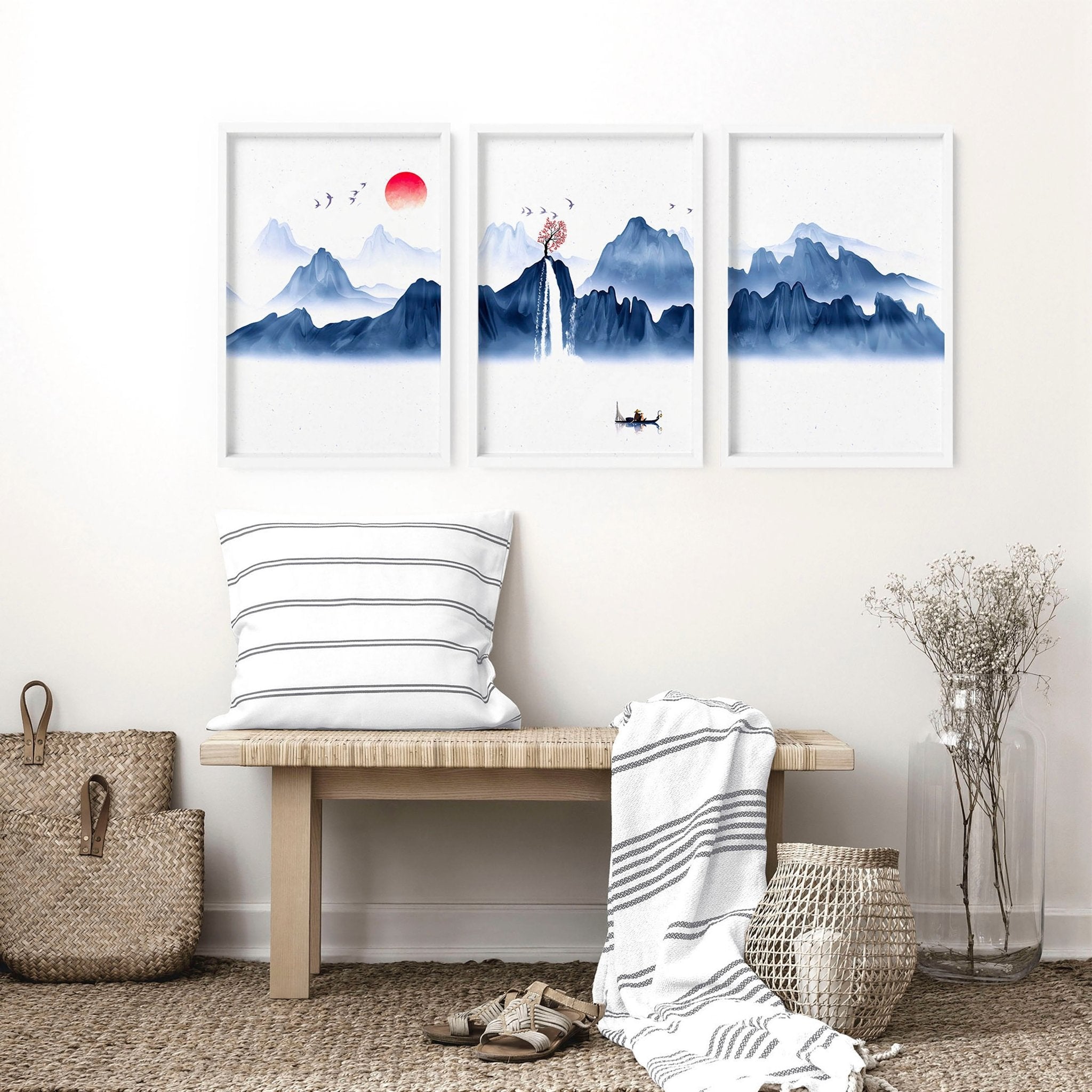 Set of 3 framed Japanese wall art pieces showcasing beautiful landscapes in a modern design with a blue color palette.