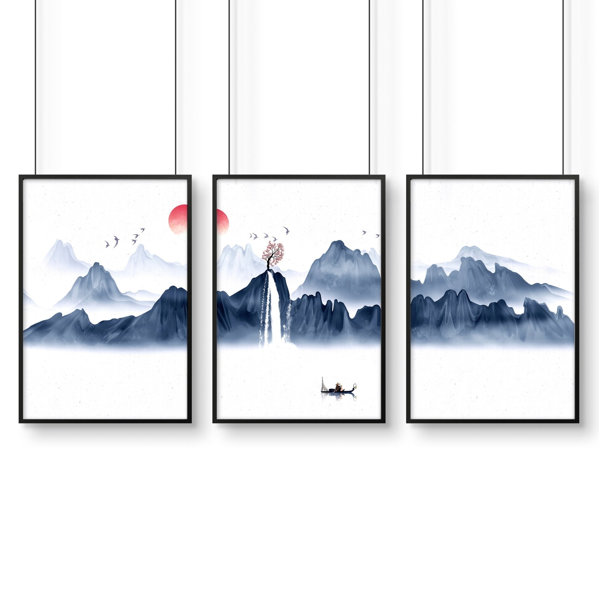 Set of 3 framed Japanese wall art pieces showcasing beautiful landscapes in a modern design with a blue color palette.