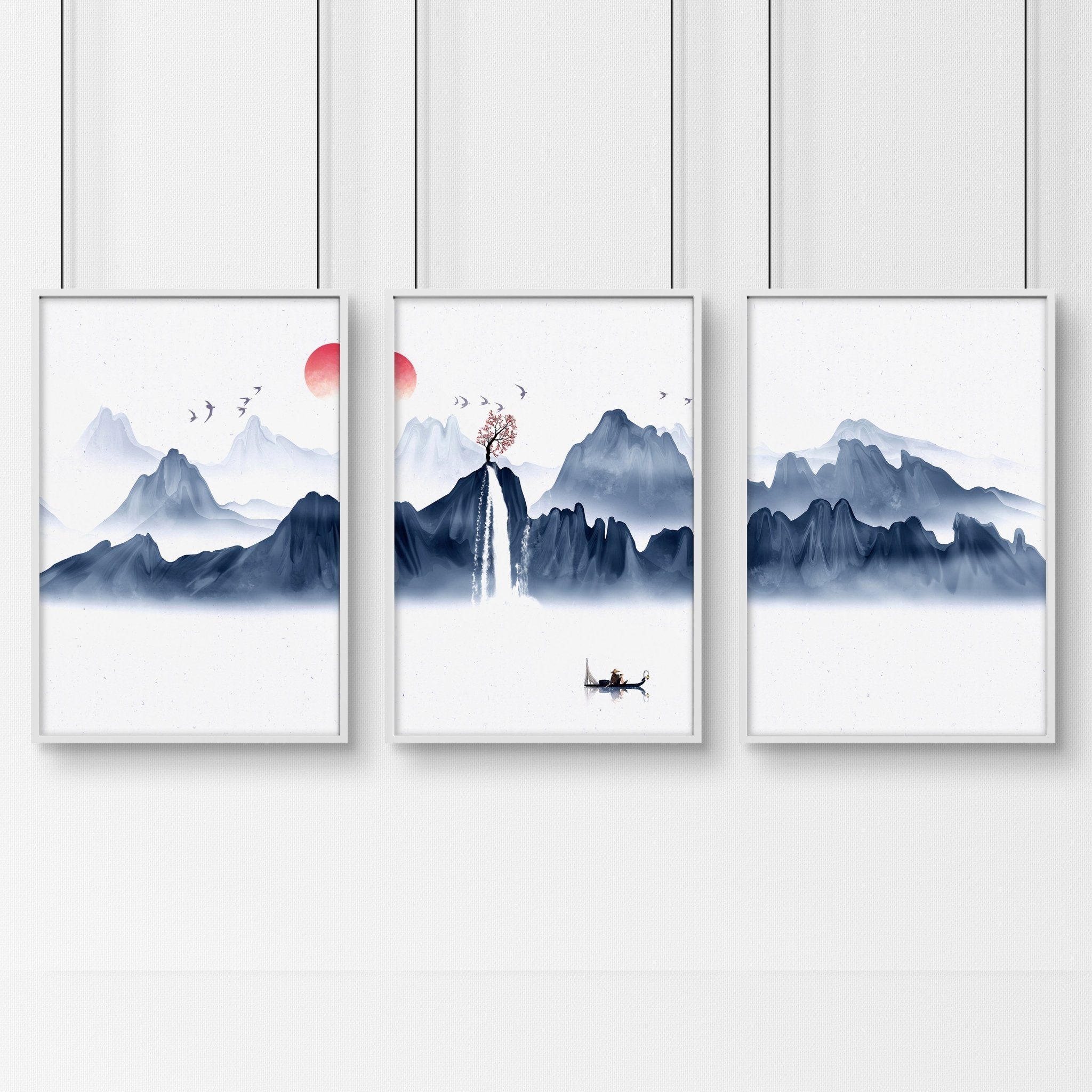 Set of 3 framed Japanese wall art pieces showcasing beautiful landscapes in a modern design with a blue color palette.