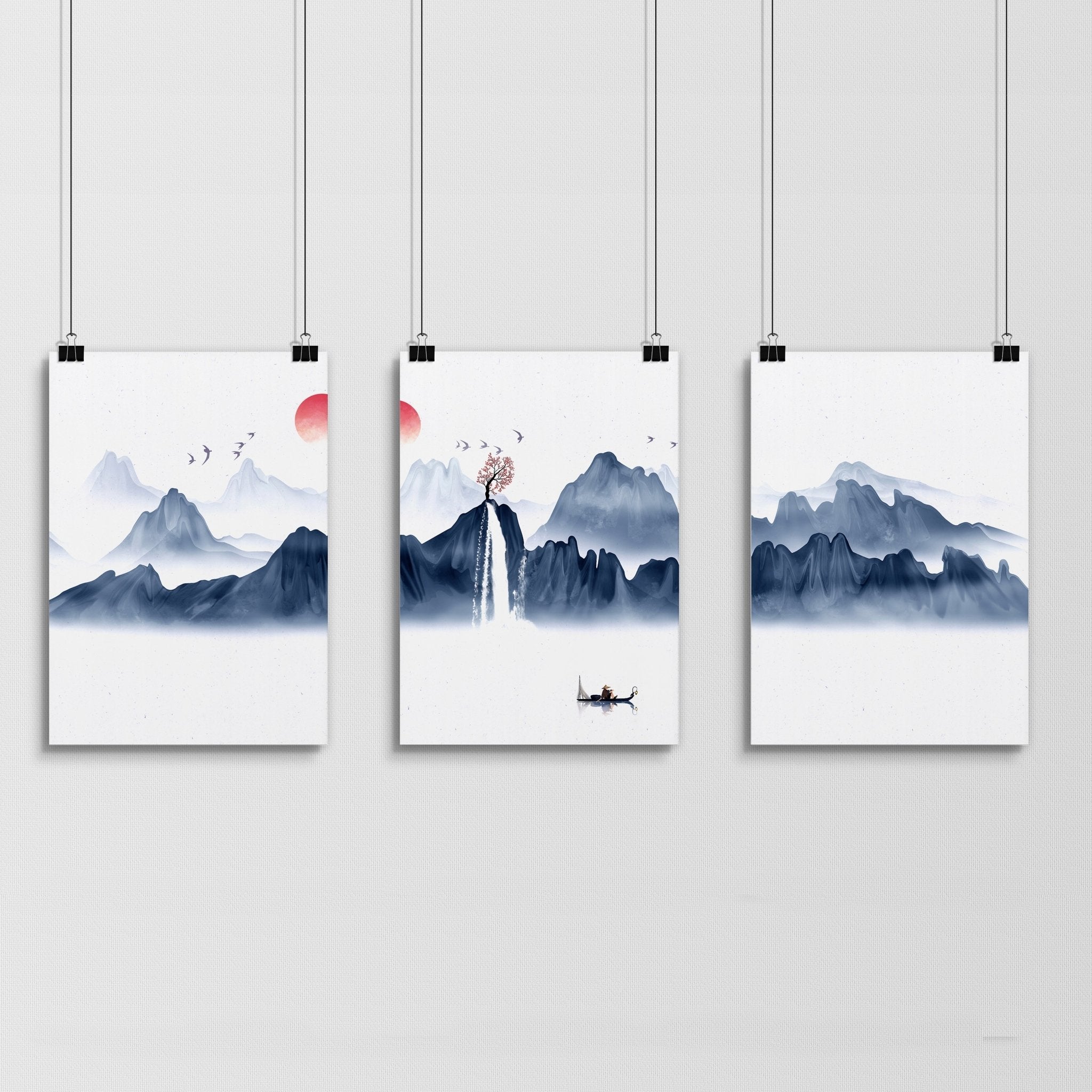 Set of 3 framed Japanese wall art pieces showcasing beautiful landscapes in a modern design with a blue color palette.