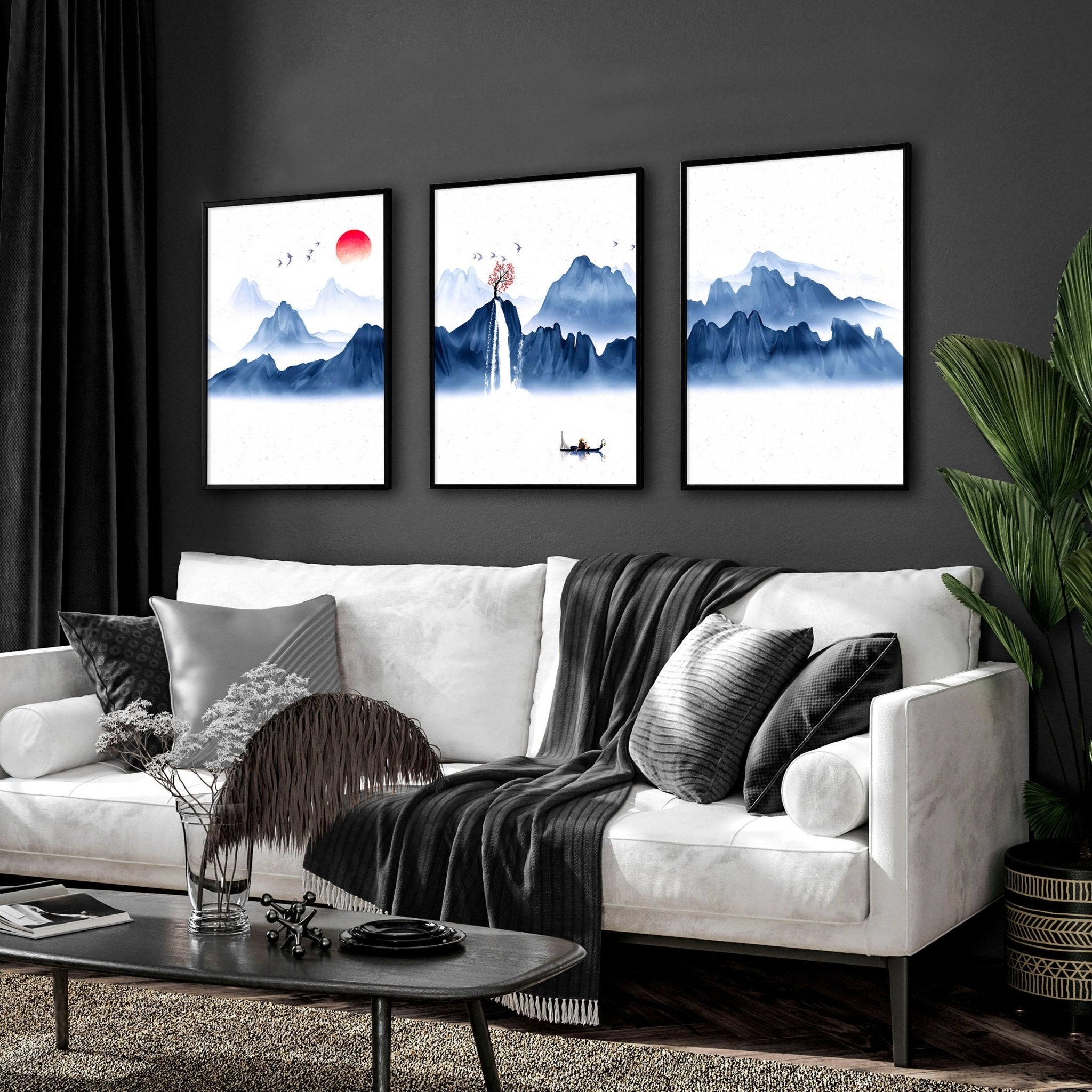 Set of 3 framed Japanese wall art pieces showcasing beautiful landscapes in a modern design with a blue color palette.