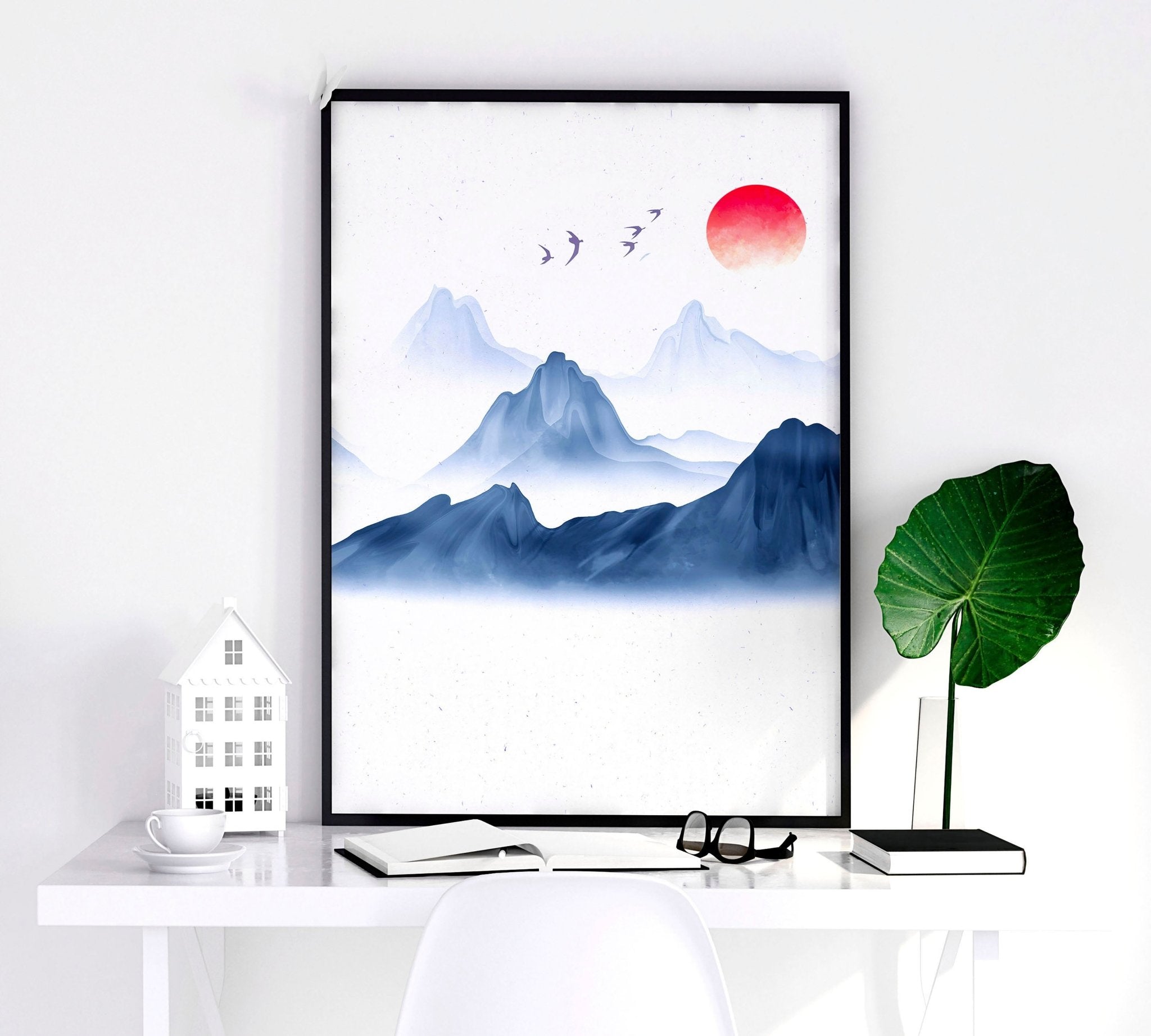 Set of 3 framed Japanese wall art pieces showcasing beautiful landscapes in a modern design with a blue color palette.