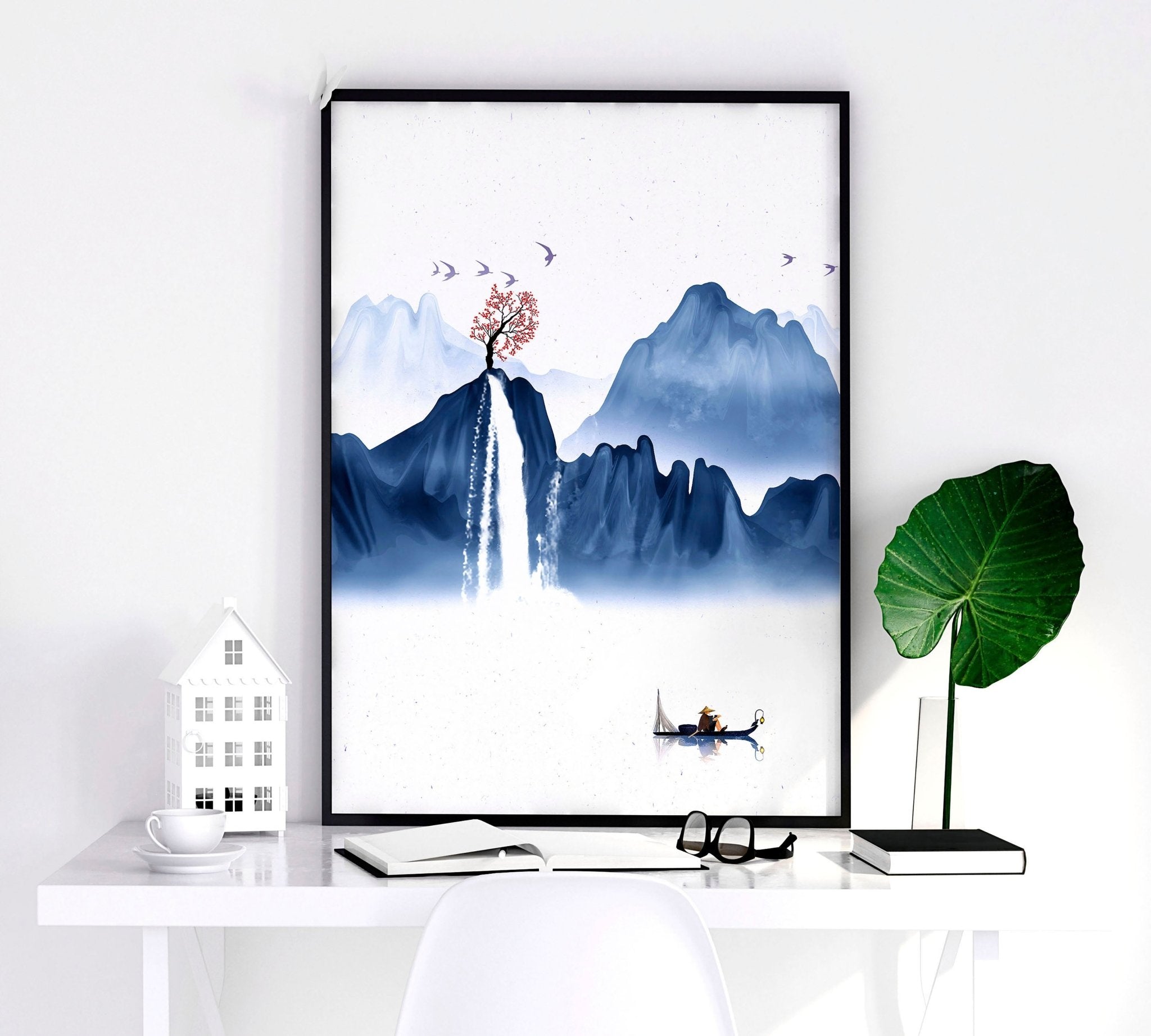 Set of 3 framed Japanese wall art pieces showcasing beautiful landscapes in a modern design with a blue color palette.