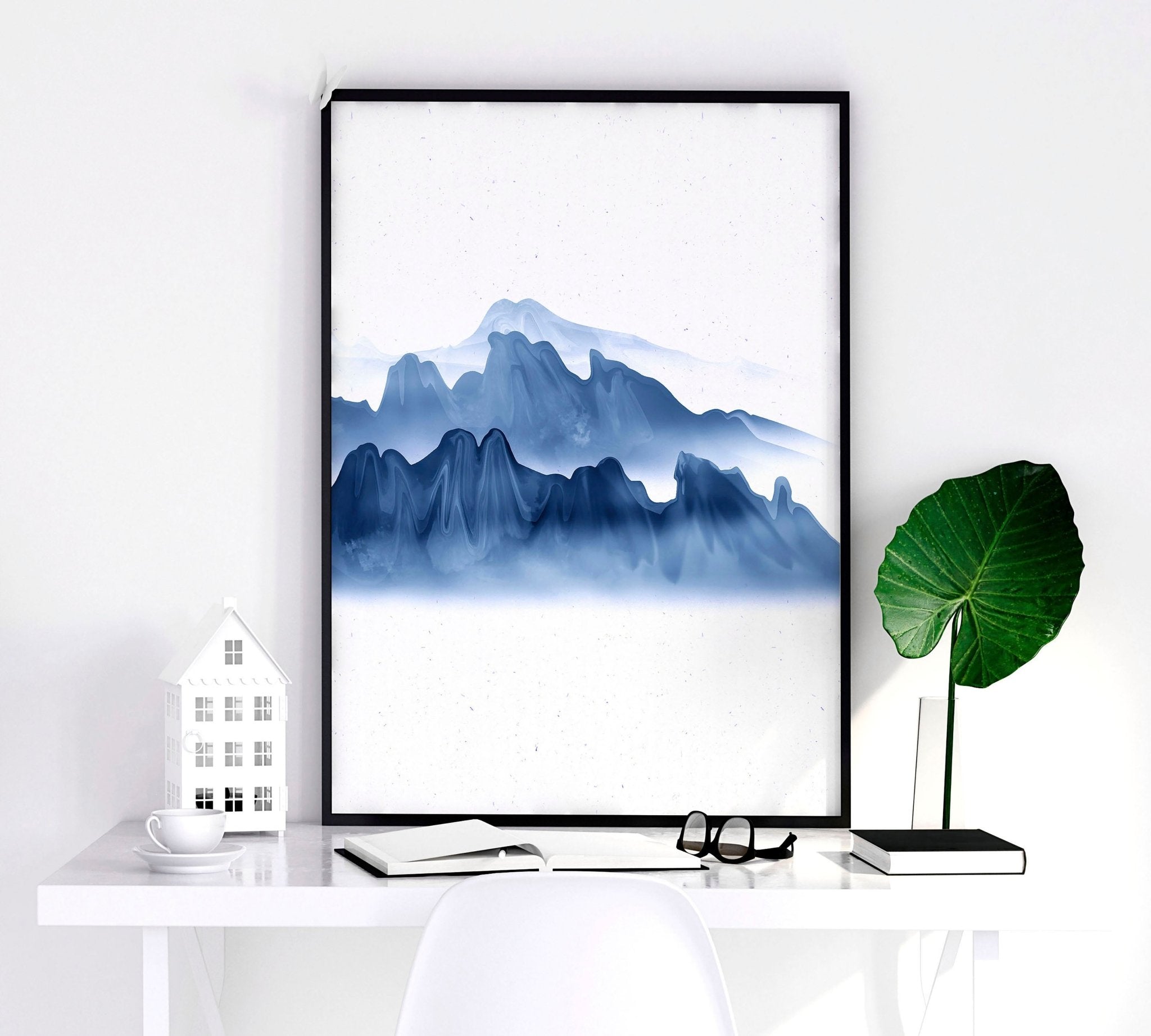 Set of 3 framed Japanese wall art pieces showcasing beautiful landscapes in a modern design with a blue color palette.