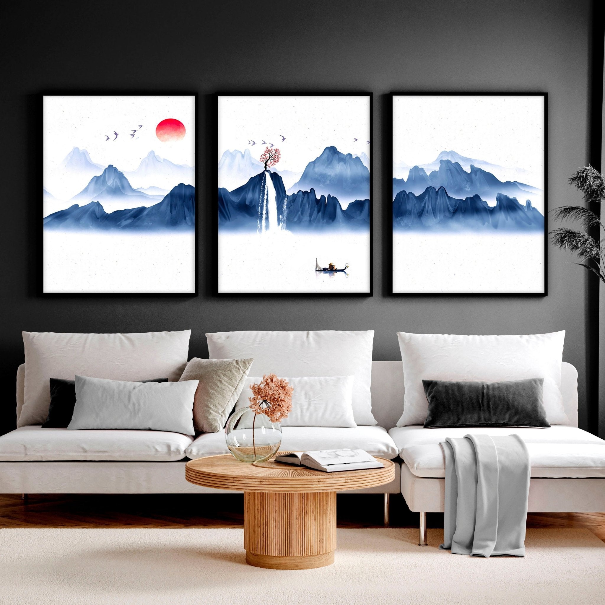 Set of 3 framed Japanese wall art pieces showcasing beautiful landscapes in a modern design with a blue color palette.