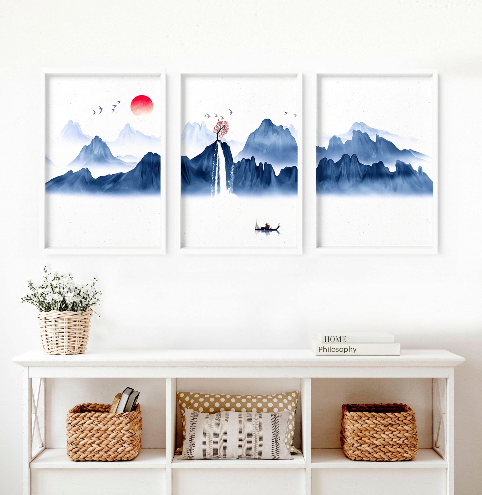 Set of 3 framed Japanese wall art pieces showcasing beautiful landscapes in a modern design with a blue color palette.