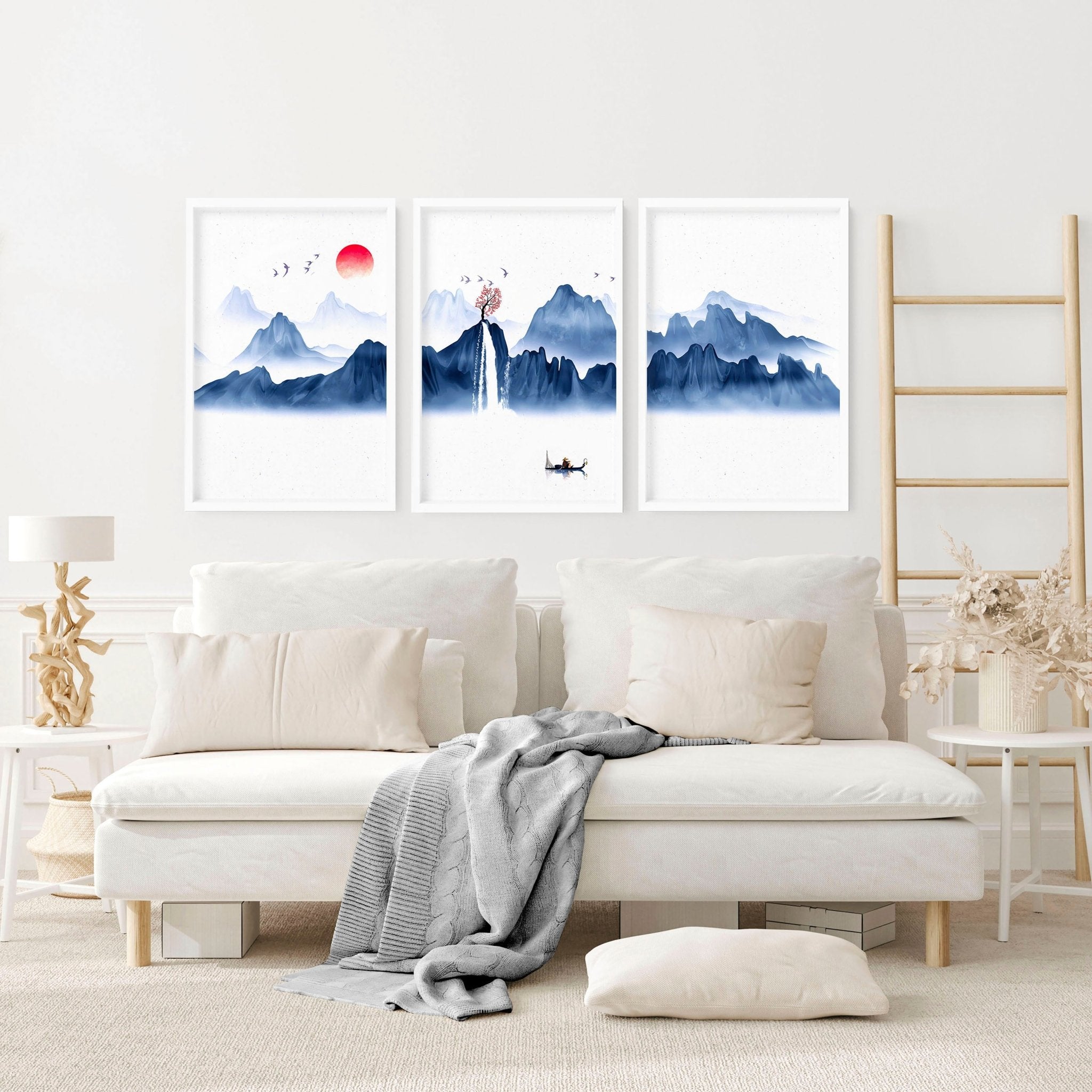 Set of 3 framed Japanese wall art pieces showcasing beautiful landscapes in a modern design with a blue color palette.