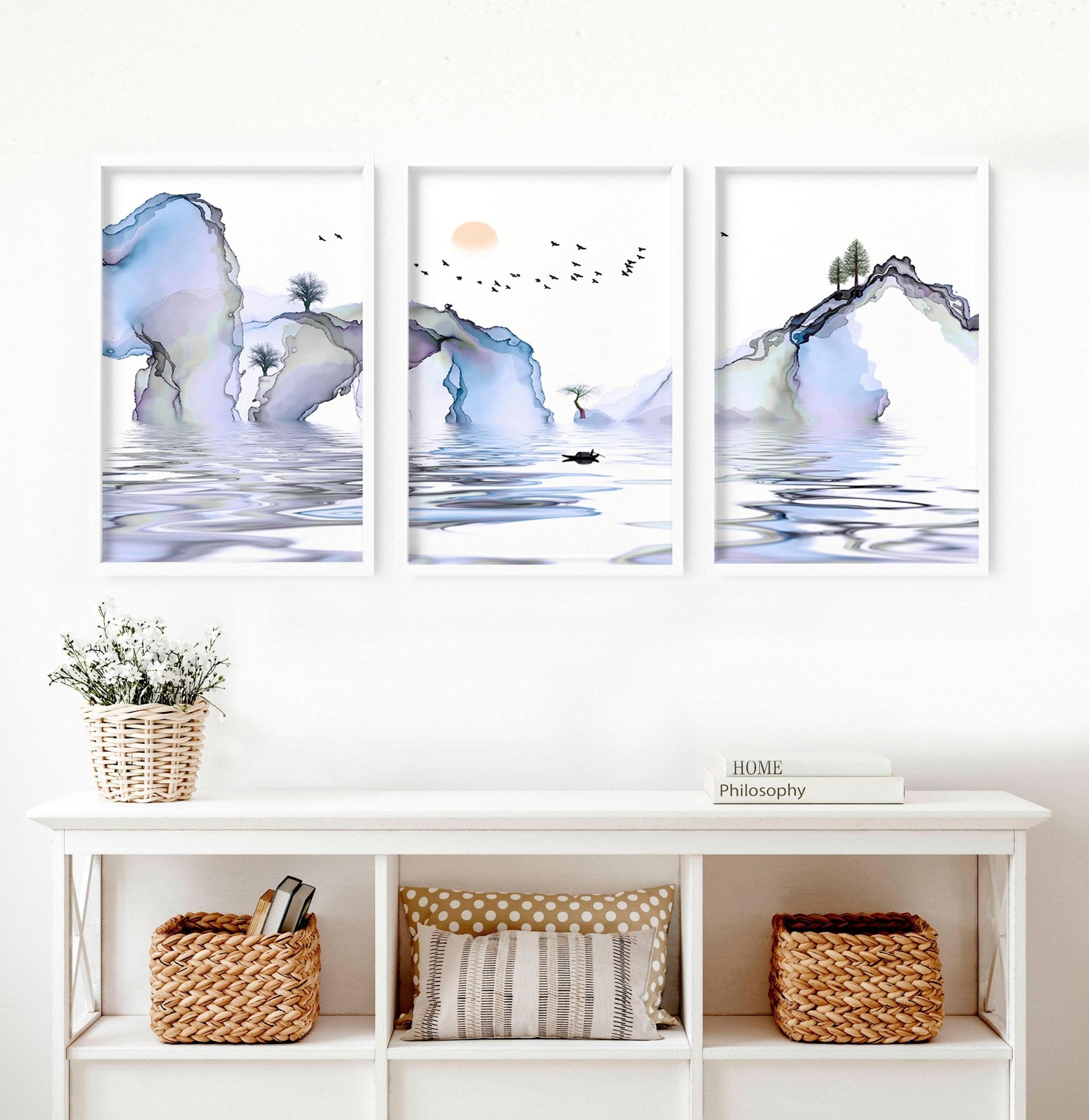 Set of 3 framed Japanese wall art prints in soft blue, lilac, and white colors, showcasing a serene Japandi style design.