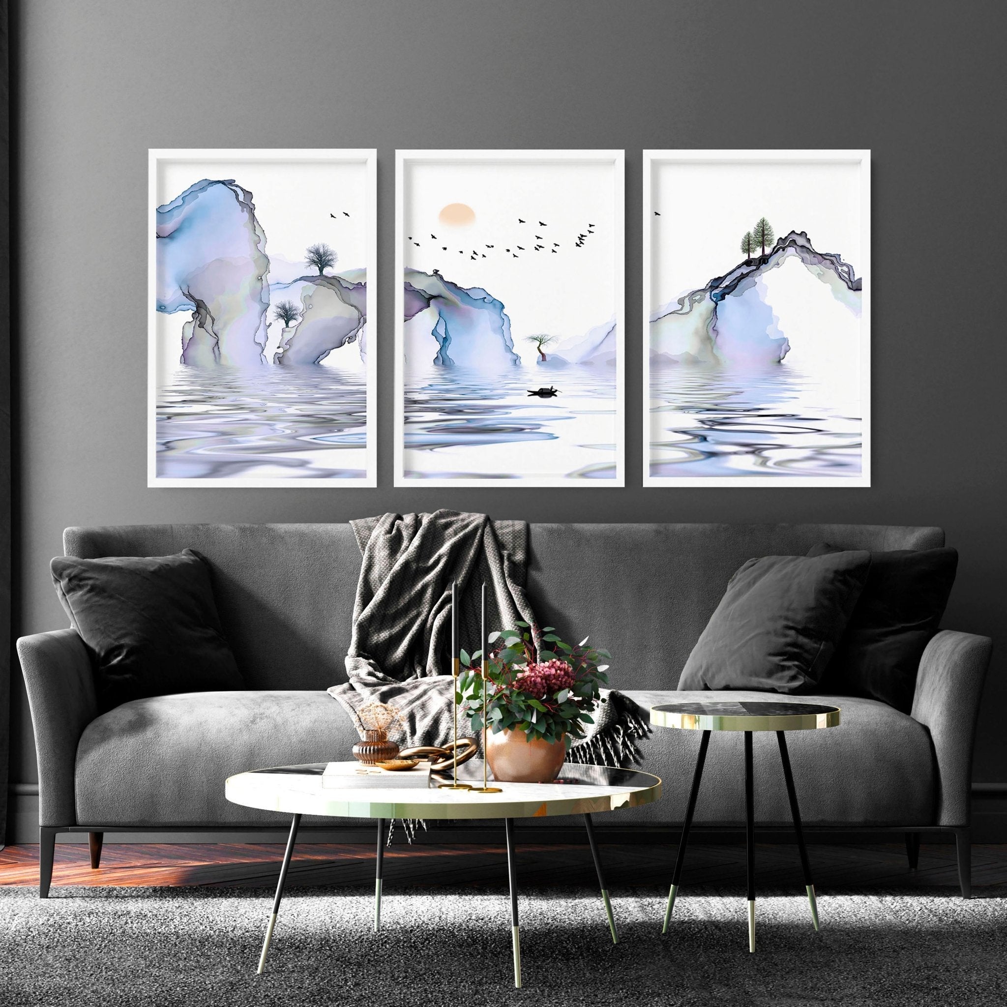 Set of 3 framed Japanese wall art prints in soft blue, lilac, and white colors, showcasing a serene Japandi style design.