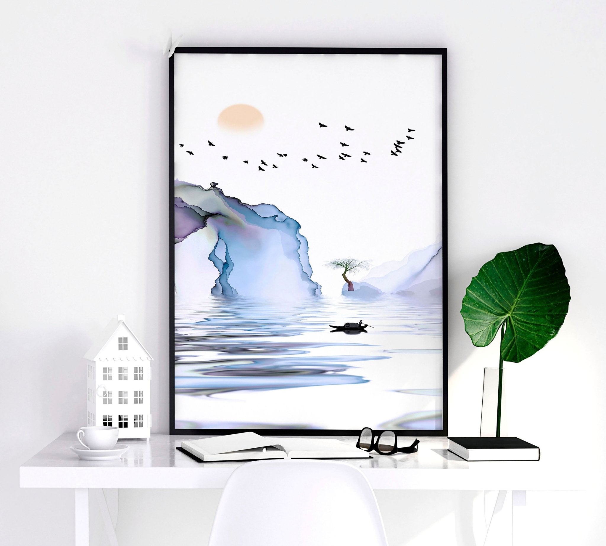 Set of 3 framed Japanese wall art prints in soft blue, lilac, and white colors, showcasing a serene Japandi style design.