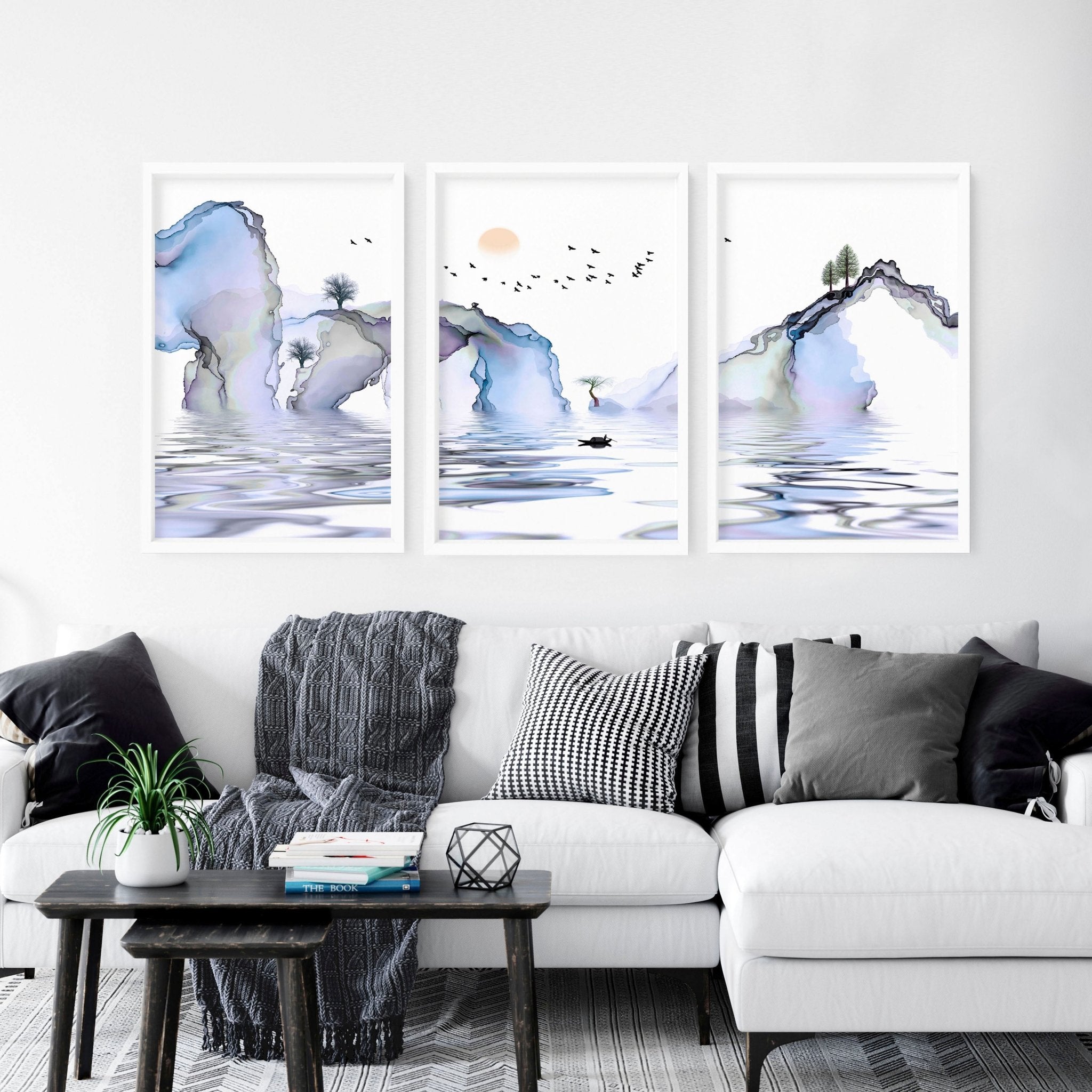 Set of 3 framed Japanese wall art prints in soft blue, lilac, and white colors, showcasing a serene Japandi style design.