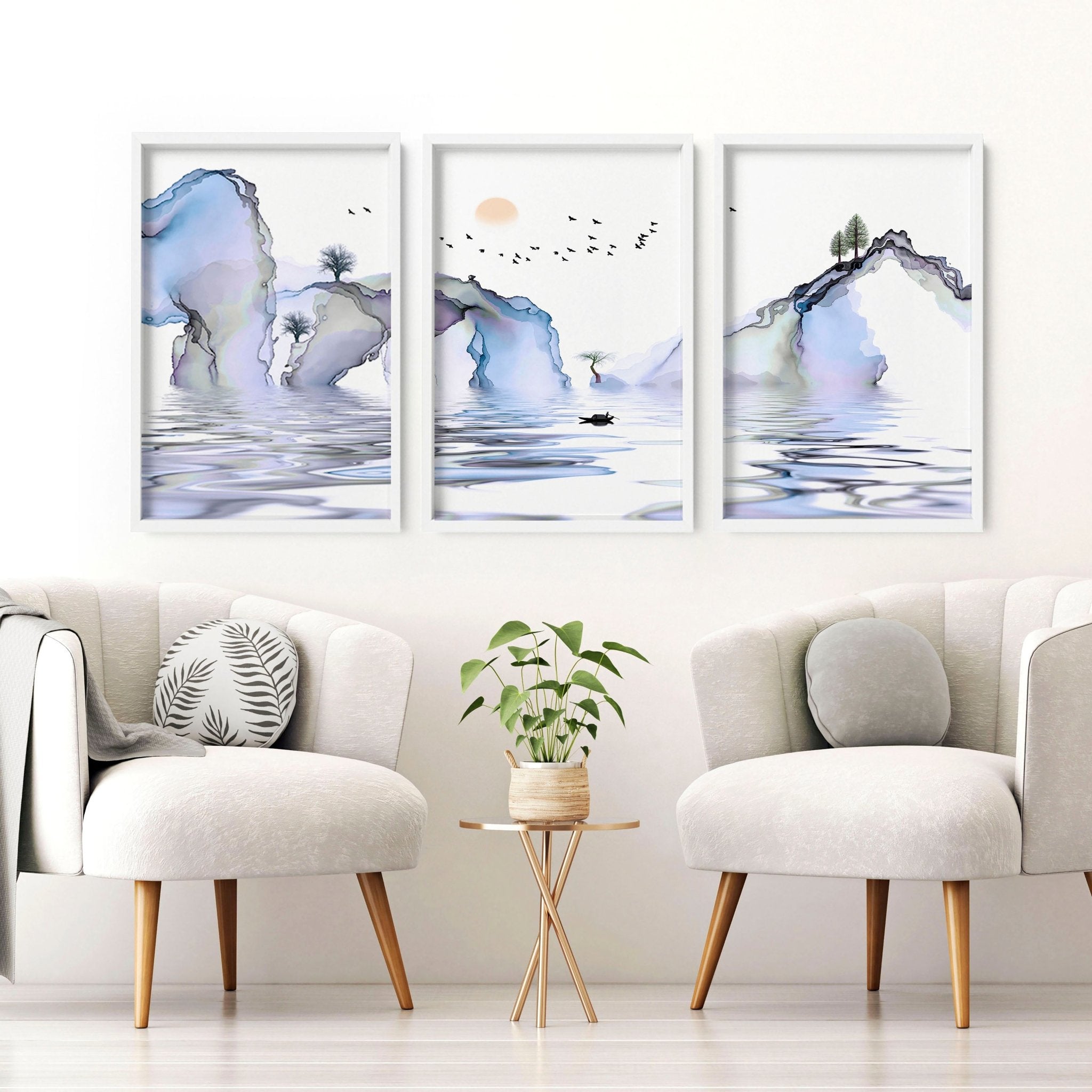 Set of 3 framed Japanese wall art prints in soft blue, lilac, and white colors, showcasing a serene Japandi style design.