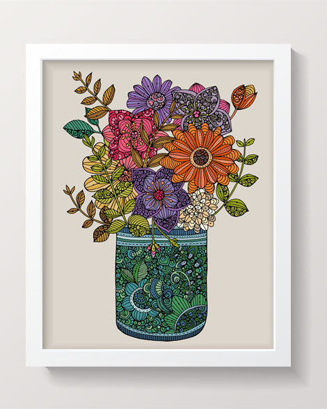 An 8x10 archival art print featuring a jar filled with colorful flowers, showcasing intricate pen and ink details with vibrant digital coloring.