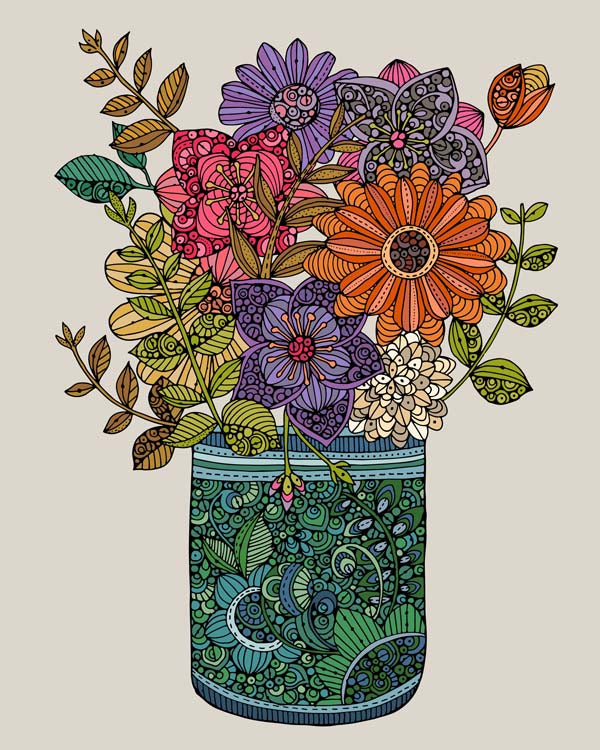 An 8x10 archival art print featuring a jar filled with colorful flowers, showcasing intricate pen and ink details with vibrant digital coloring.