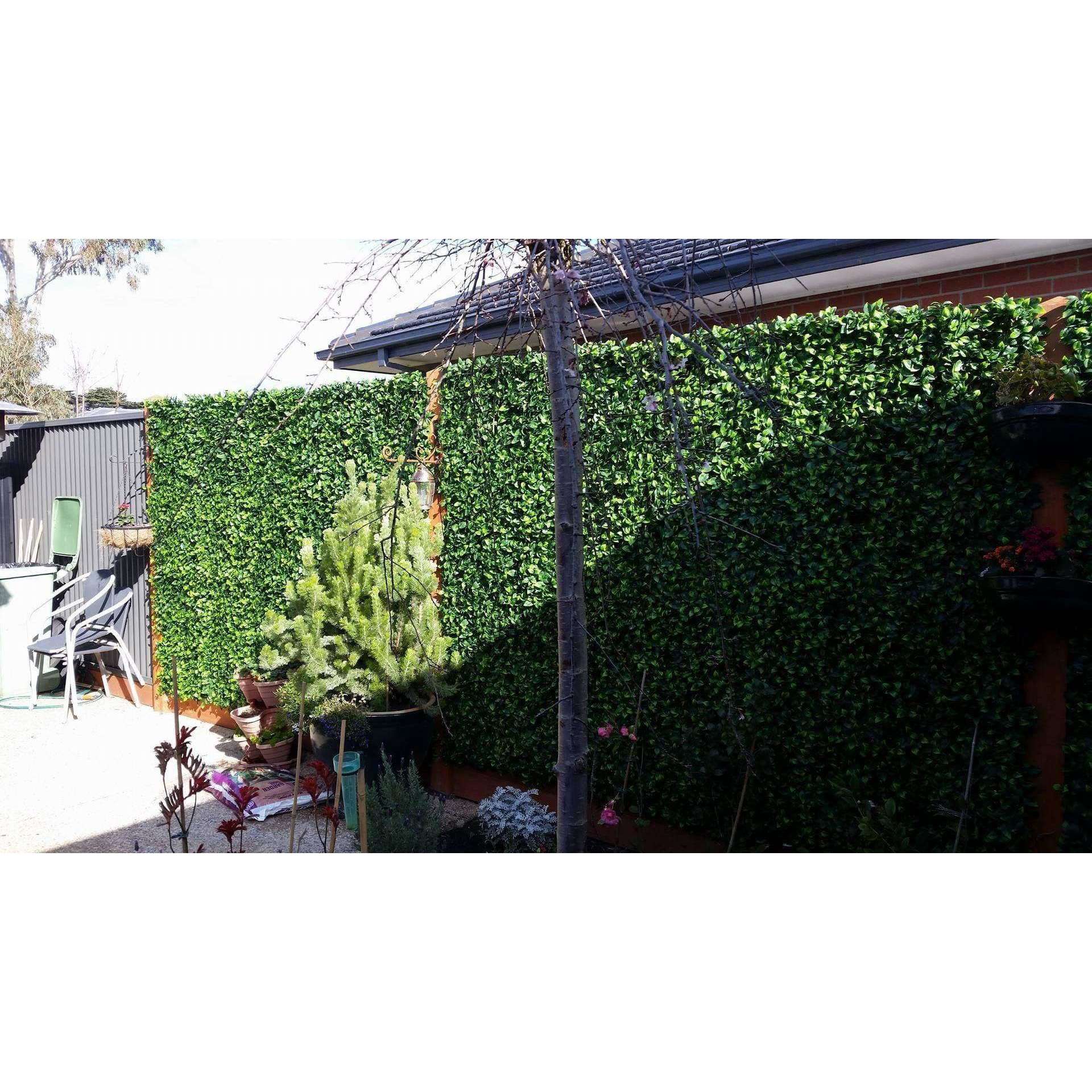 Jasmine Artificial Hedge Screen, a lush green wall panel, showcasing realistic foliage for indoor and outdoor use.