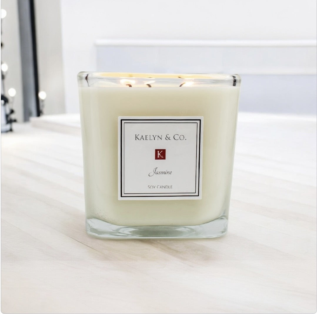 Jasmine Large Cube Candle with wild honeysuckle and jasmine fragrance, elegantly designed in a 4x4x4 inch cube shape.