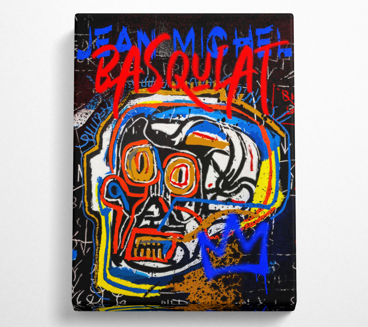 Jean Michel Basquiat Skull artwork printed on coated polyester canvas, mounted on a 44mm box frame, showcasing vibrant colors and intricate details.