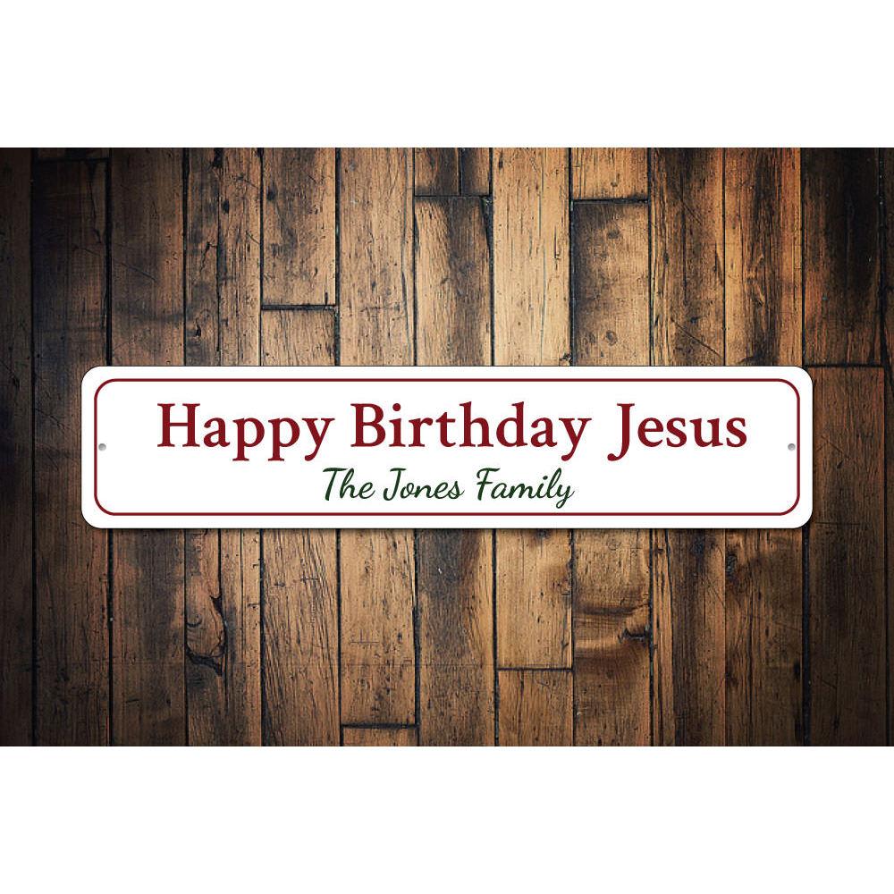 A beautifully designed Jesus' Birthday Sign made of durable aluminum, featuring festive colors and a charming design perfect for Christmas decorations.