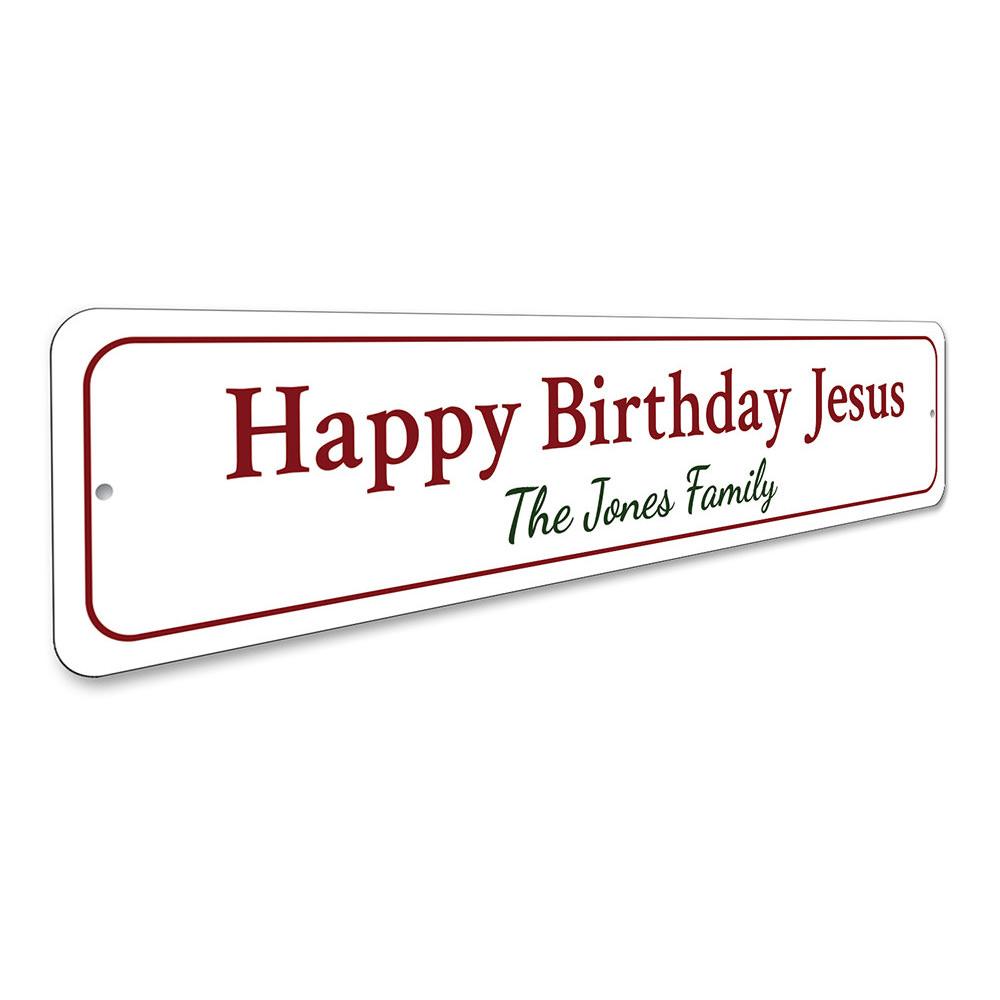 A beautifully designed Jesus' Birthday Sign made of durable aluminum, featuring festive colors and a charming design perfect for Christmas decorations.