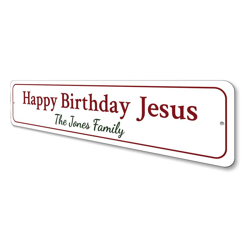 A beautifully designed Jesus' Birthday Sign made of durable aluminum, featuring festive colors and a charming design perfect for Christmas decorations.