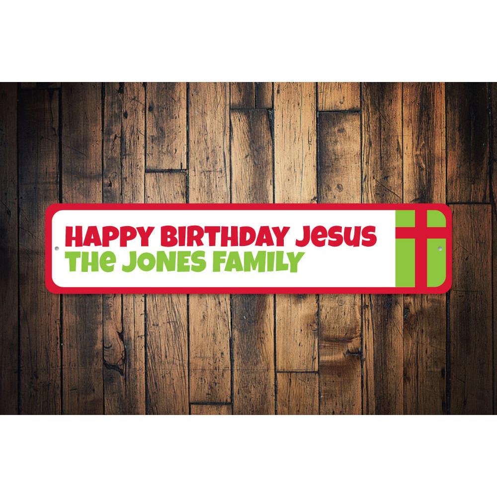 A beautifully designed Jesus Holiday Sign made of durable aluminum, featuring festive colors and a warm Christmas greeting.