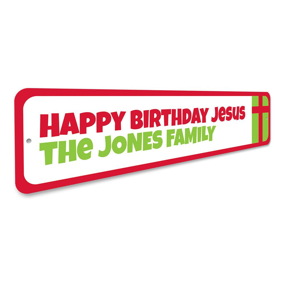 A beautifully designed Jesus Holiday Sign made of durable aluminum, featuring festive colors and a warm Christmas greeting.