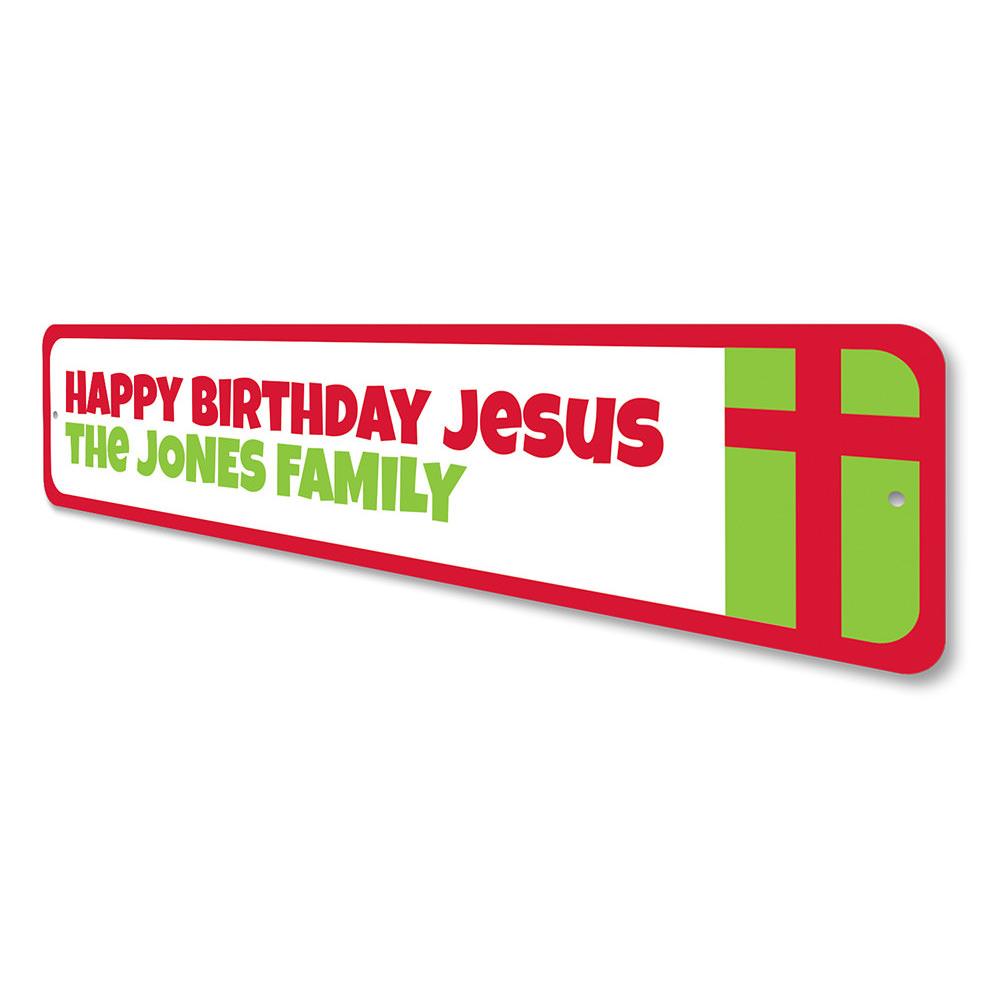 A beautifully designed Jesus Holiday Sign made of durable aluminum, featuring festive colors and a warm Christmas greeting.