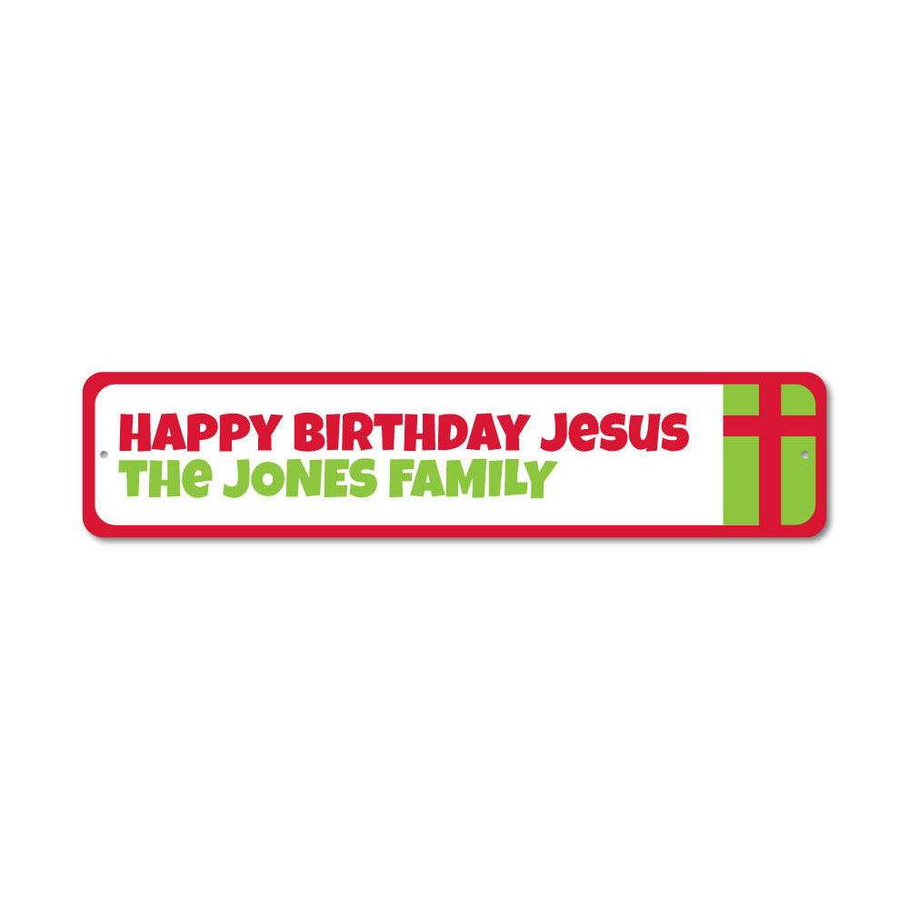 A beautifully designed Jesus Holiday Sign made of durable aluminum, featuring festive colors and a warm Christmas greeting.