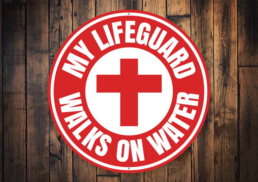 Jesus Lifeguard Sign made of durable aluminum, featuring a decorative design suitable for indoor and outdoor use.