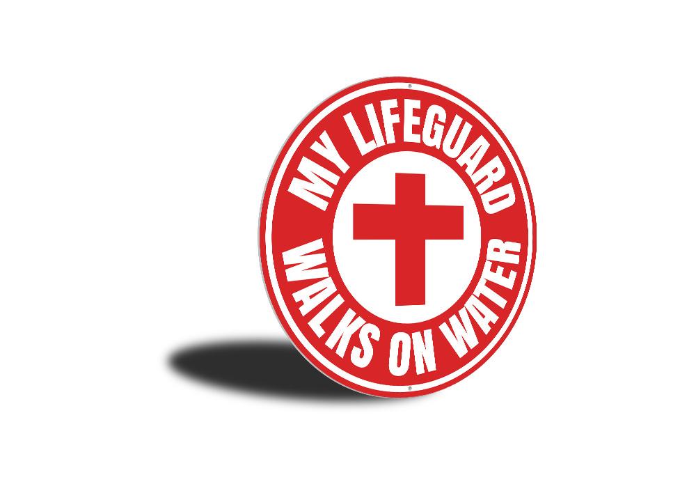 Jesus Lifeguard Sign made of durable aluminum, featuring a decorative design suitable for indoor and outdoor use.