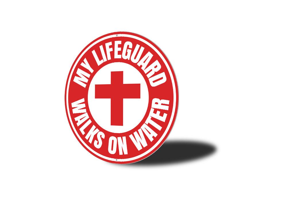 Jesus Lifeguard Sign made of durable aluminum, featuring a decorative design suitable for indoor and outdoor use.