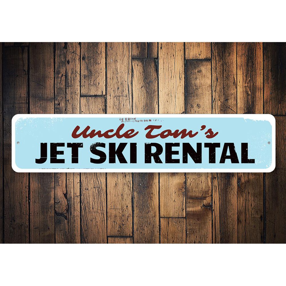 Customizable Jet Ski Rental Sign made from high-quality aluminum, perfect for beach houses and coastal decor.